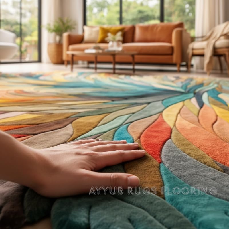 Handmade Irregular Shape Wool Area Rug Unique Contemporary Botanical Design, Thick & Soft Carpet Perfect for Living Room, Bedroom Decor 9 x 9 Ft (Square) Multicolor 1