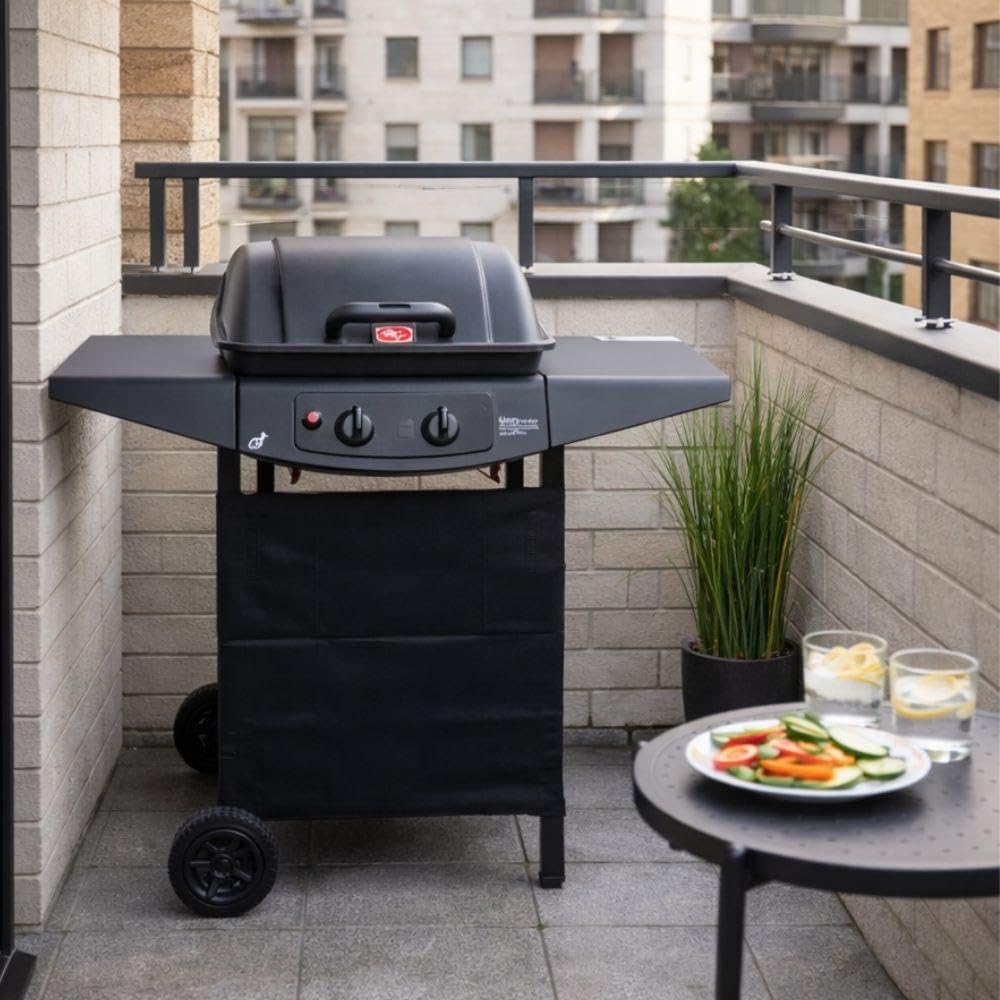 BAKAJI Barbecue a Gas 2 Fuochi Bruciatori Griglia BBQ Doppio Bruciatore con 2 Ripiani Laterali e Ruote, Grill per Esterno ideale per Giardino Terrazzo Balcone, Dimensioni 98 x 44 x 100 cm