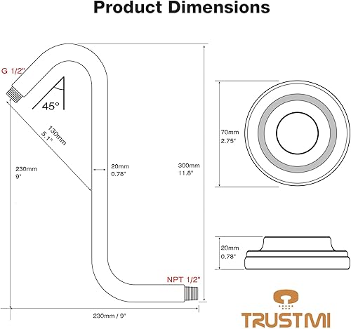 Miniatura 7 de TRUSTMI Brazo de ducha en forma de S de 12 pulgadas con brida resistente montado en la pared, tubo de extensión de cabezal de ducha con 9 pulgadas