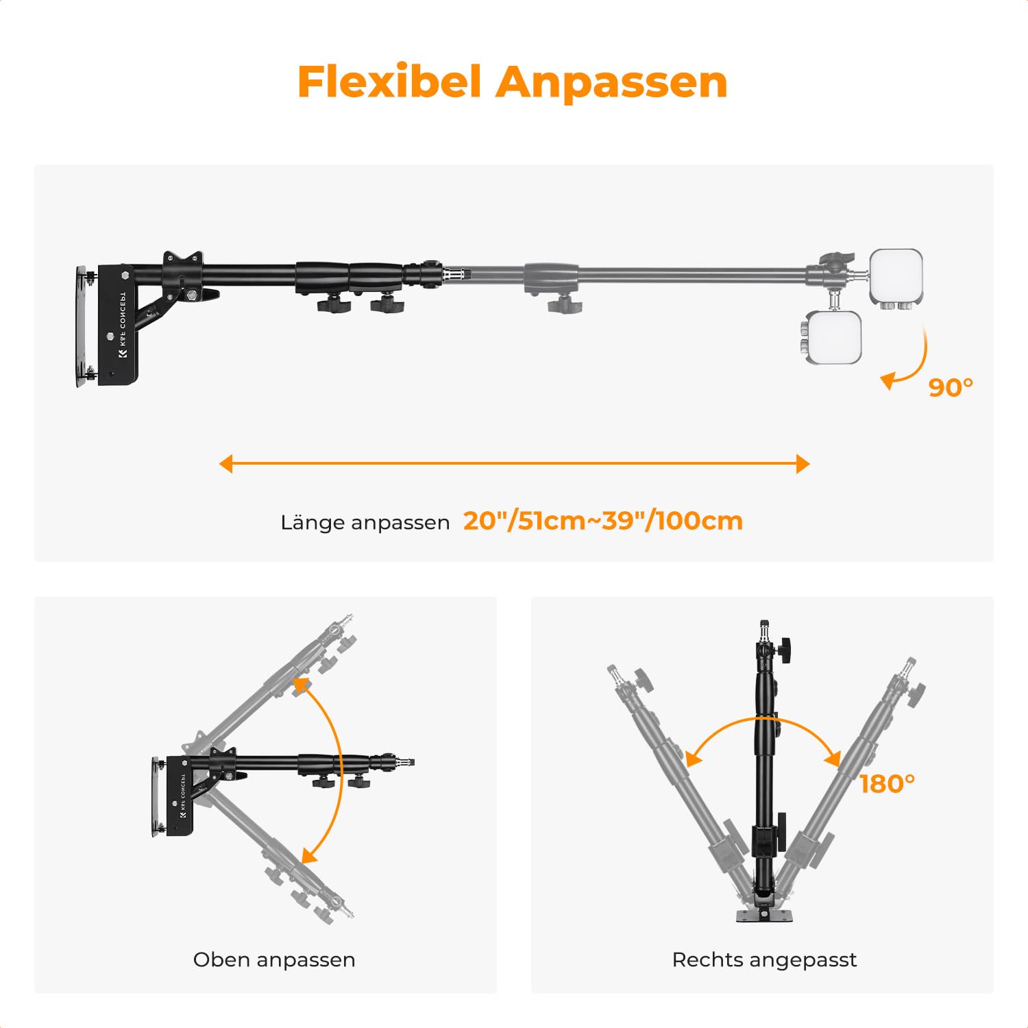 K&F CONCEPT Metal Wandmontage Dreieckiger Boom Arm, 51-100cm Verstellbar | 180° Rotation Wall Mount Galgen für Fotografie Streaming Video,mit 3/8" 1/4" Gewinde Universal Adapter,10KG Last
