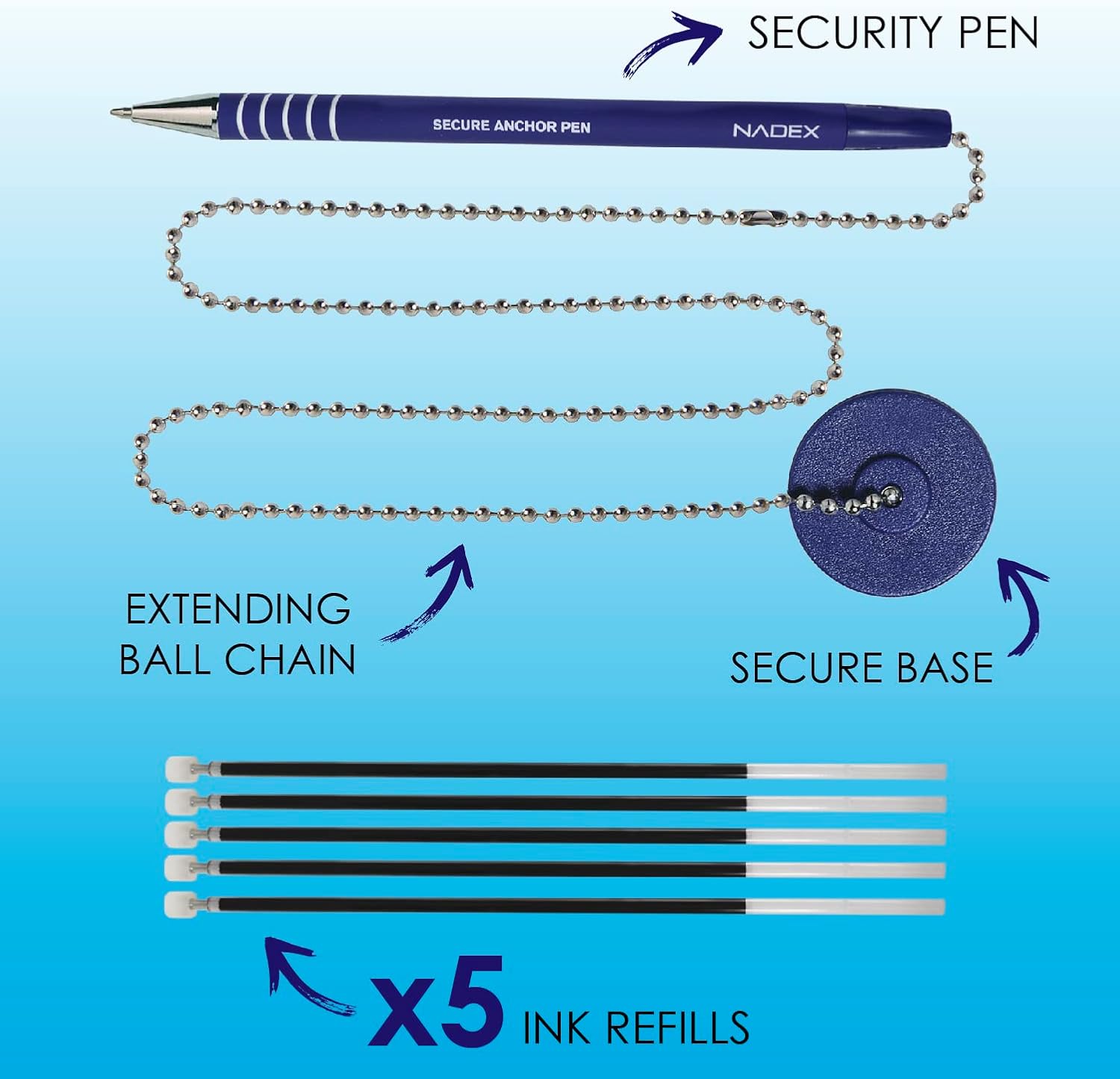 Nadex Ball and Chain Security Pen Set | 1 Pen, 1 Adhesive Mount, and 5 Refills (Blue)