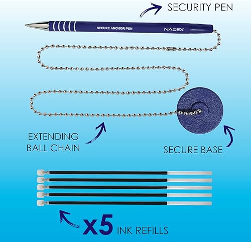 Miniatura 2 de Nadex Juego de bolígrafos de seguridad de bola y cadena, 12 bolígrafos, 12 soportes adhesivos y 12 recambios (negro)