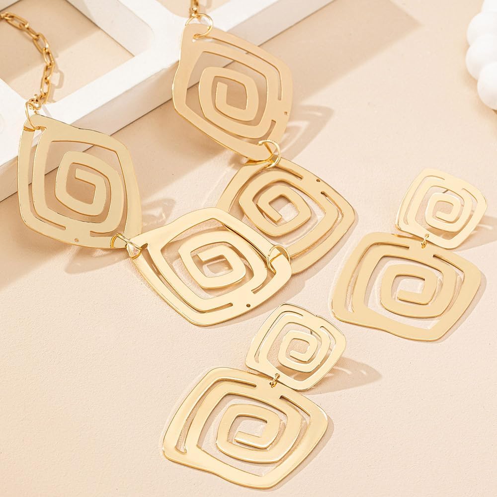 Chunky Gold Choker Necklace Earrings Set Gold Geometric Texture Oval Collarbone Necklace Earrings African Statement Jewelry Set For Women - Image 3