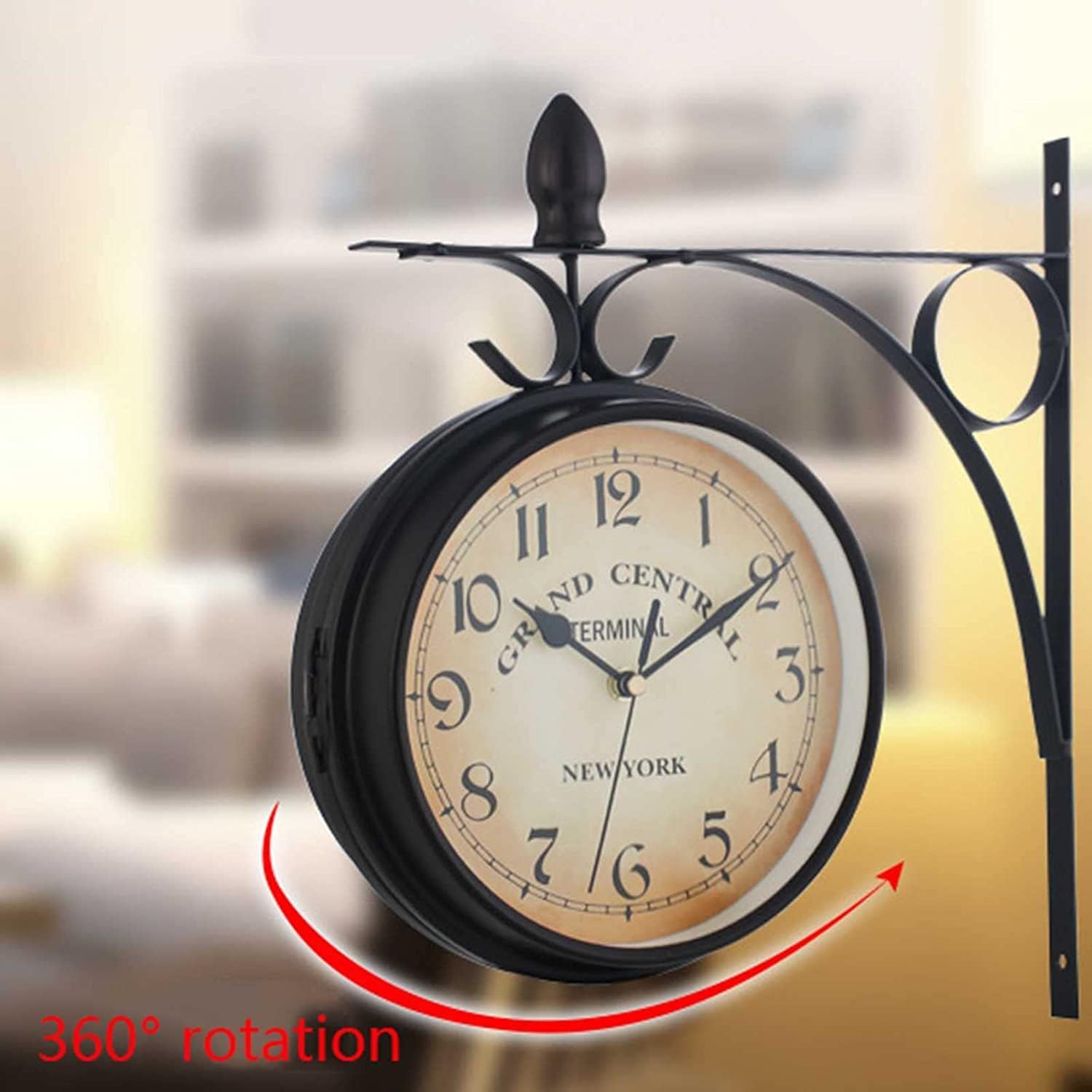 Clock Hanging Double Sided Clock, Retro Clock, Classic Wrought Iron Two Faces Wall Hanging Clock for Indoor Living Room Bedroom or Outdoor Patio Garden Decor