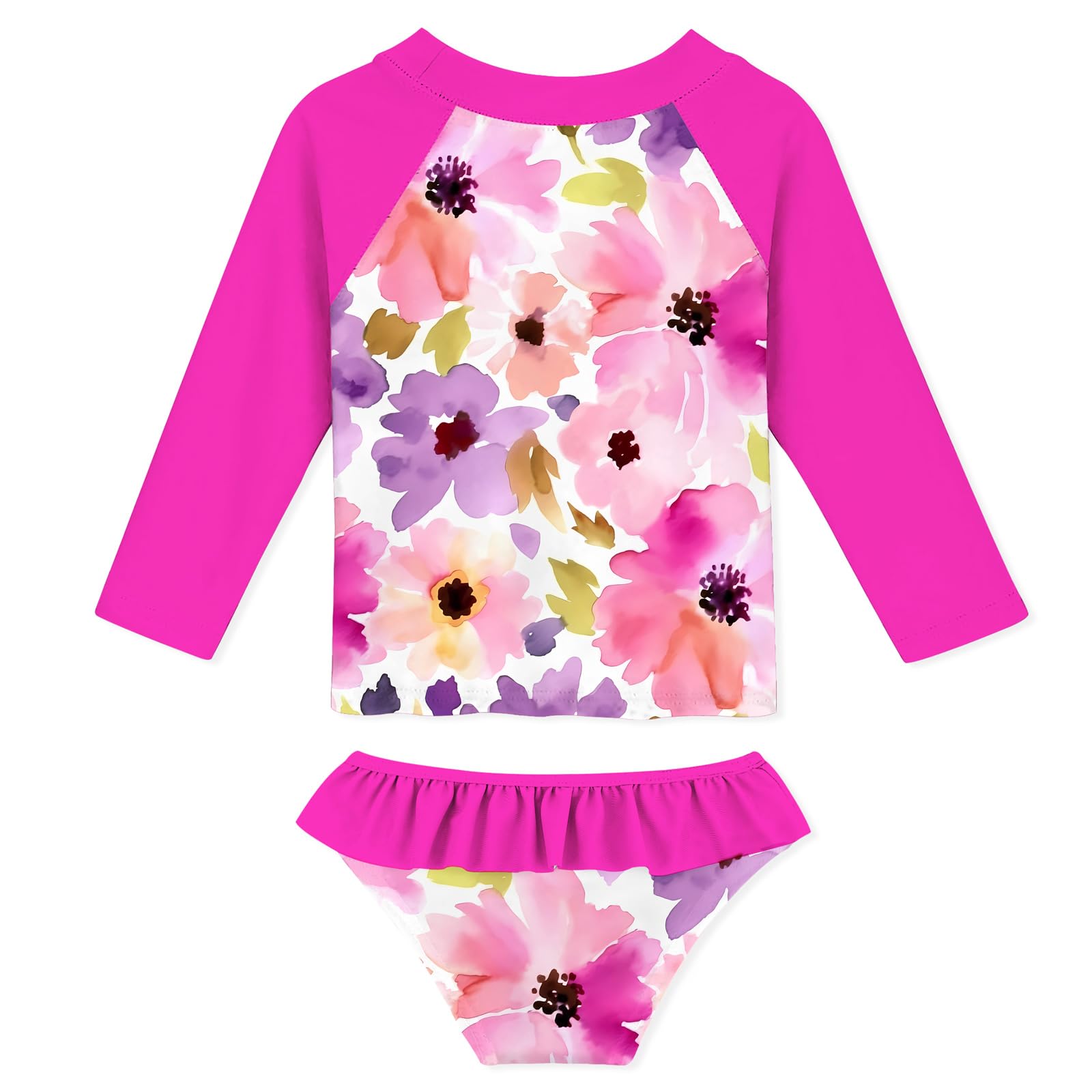 Funnycokid Girls Rash Guard Swimsuit Flower Floral Size 6 Long Sleeve Pink Bathing Suits 2-Piece Swimwear Rashguard Kids Swim 4-5 Years