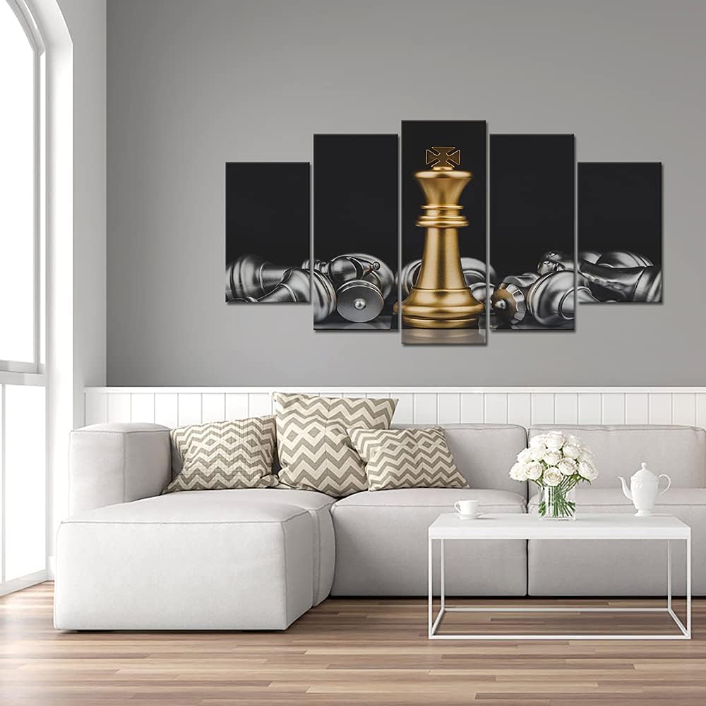 VANSEEING 5 Panel Chess Canvas Wall Art Prints King and Knight Game Picture Painting Black and Gold Artwork for Home Office Decoration Ready to Hang