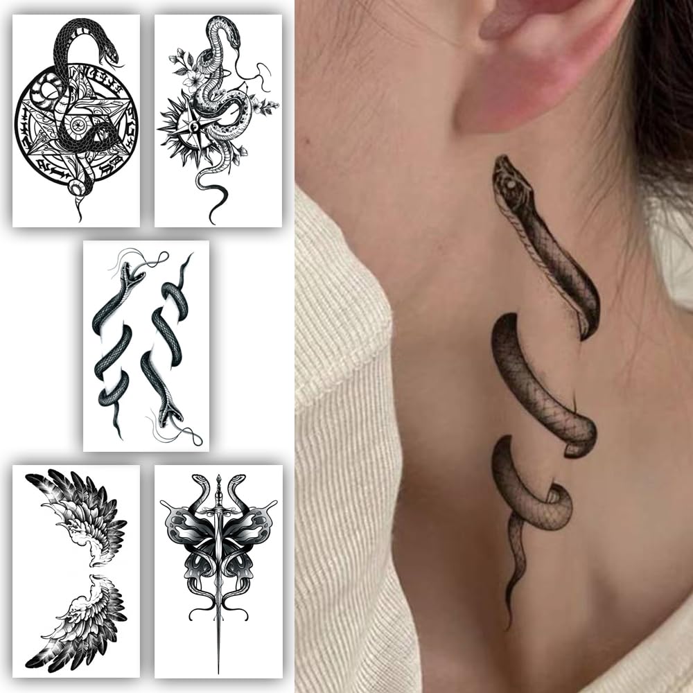 S.A.V.I Pack of 5 Temporary Tattoo Sheets for Men & Women - Waterproof, Long-Lasting Black Snake, Wings & Gothic Designs - Ideal for Body Art, Parties & Events - 10.5X6cm Each