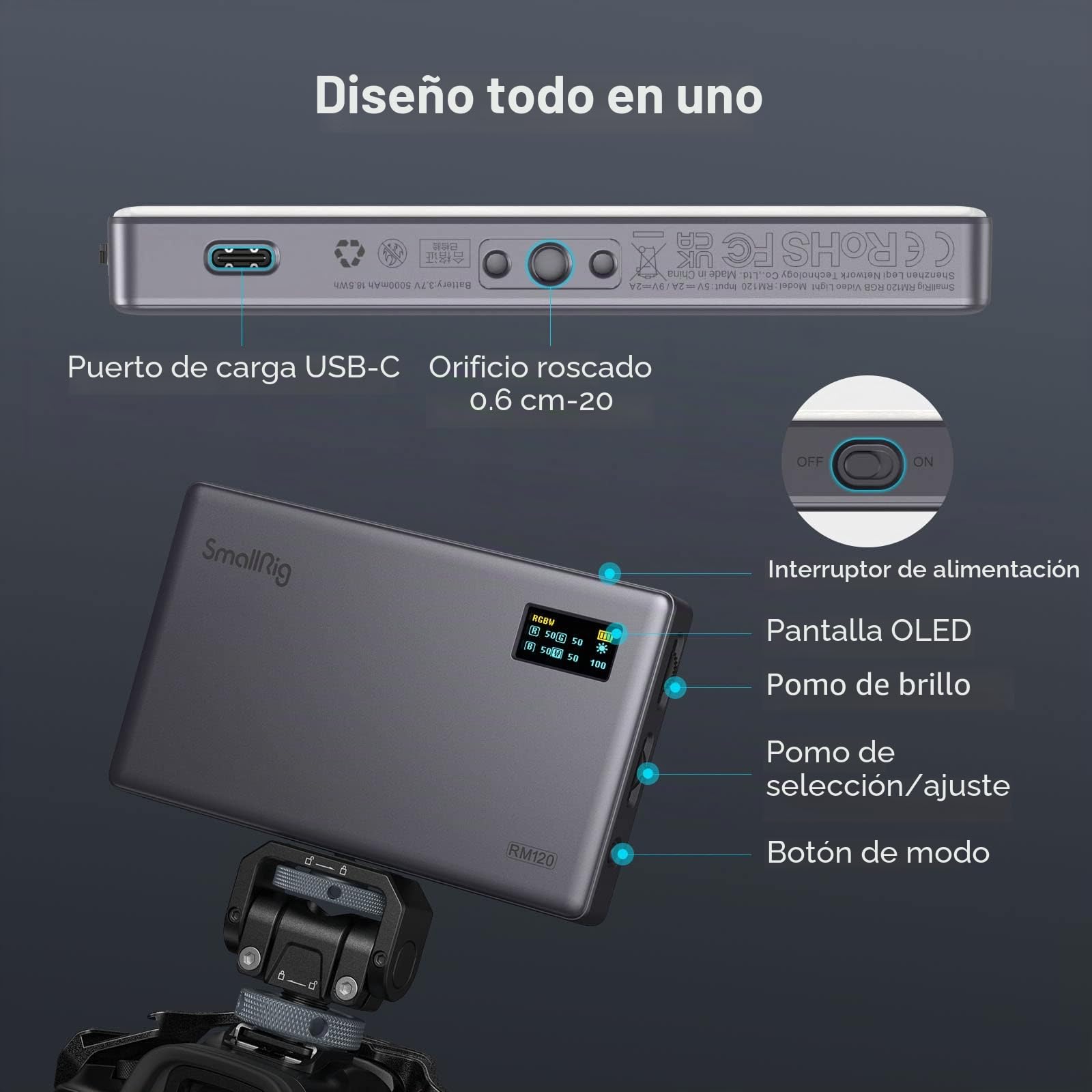 SMALLRIG RM120 RGB Luz de Video, Portátil Luz de Vídeo LED 2500-8500K CRI TLCI 98+, Panel Luz de la Cámara Batería de 180 Minutos de 5000 mAh, para TikTok, Creador de Contenido, Fotógrafo - 3808