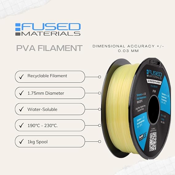 Fused Materials PVA Filament 1.75mm Water-Soluble Support Material for 3D Printing Compatible with Bambu Lab, Polymaker, Overture, and More Works with PLA, PETG, Nylon, ABS Clear & Transparent