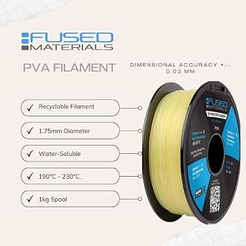 Fused Materials PVA Filament 1.75mm Water-Soluble Support Material for 3D Printing Compatible with Bambu Lab, Polymaker, Overture, and More Works with PLA, PETG, Nylon, ABS Clear & Transparent