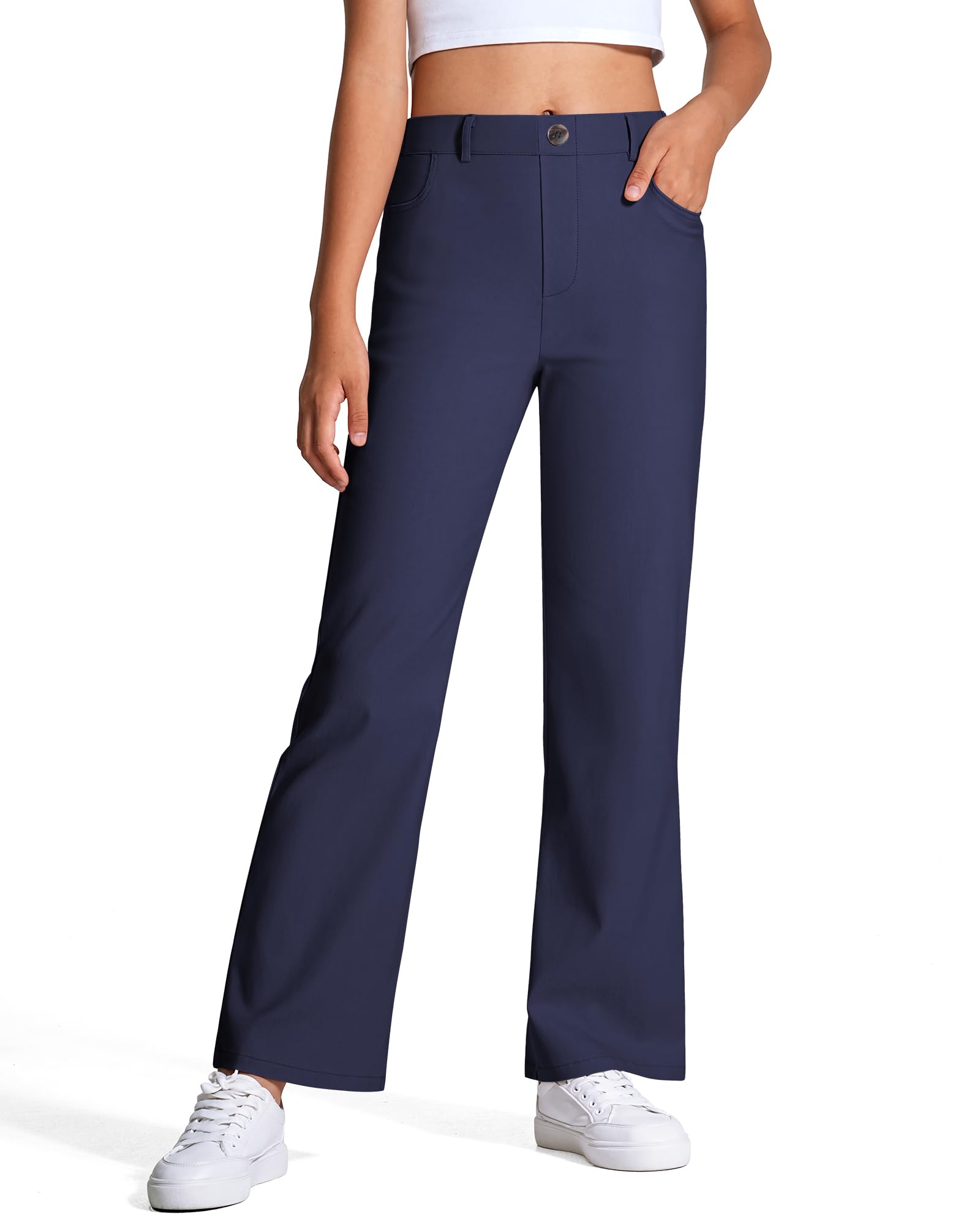 Girls Uniform Pants Kids High Stretchy Flare Dress Pants Elastic Waist Size 7-14 Years