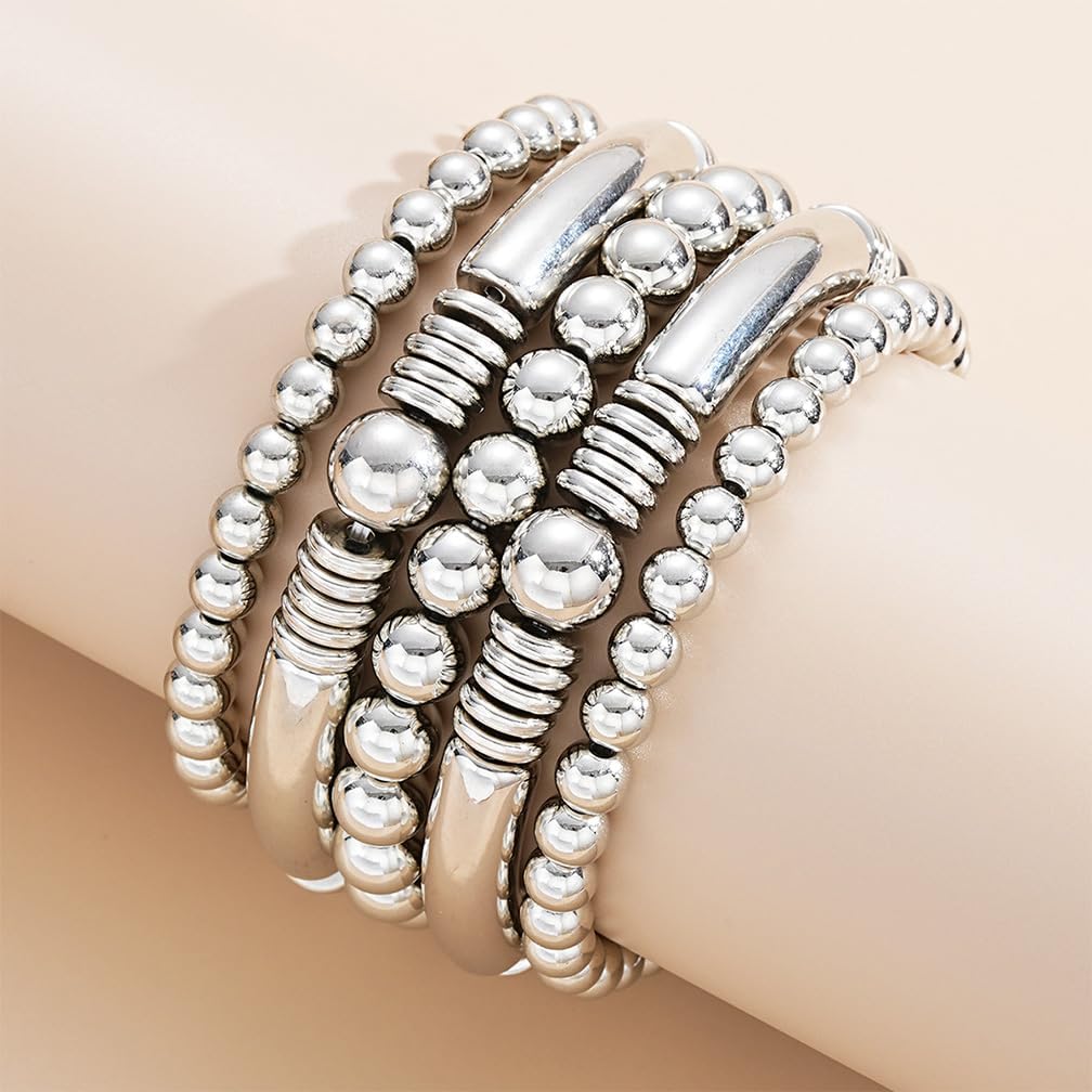 Dainty Gold Stack Stretch Bracelets Set for Women 5Pcs Silver Elastic Round Balls Beaded Bangles Vintage Tube Bracelet Stackable Hand Jewelry Set - Image 7