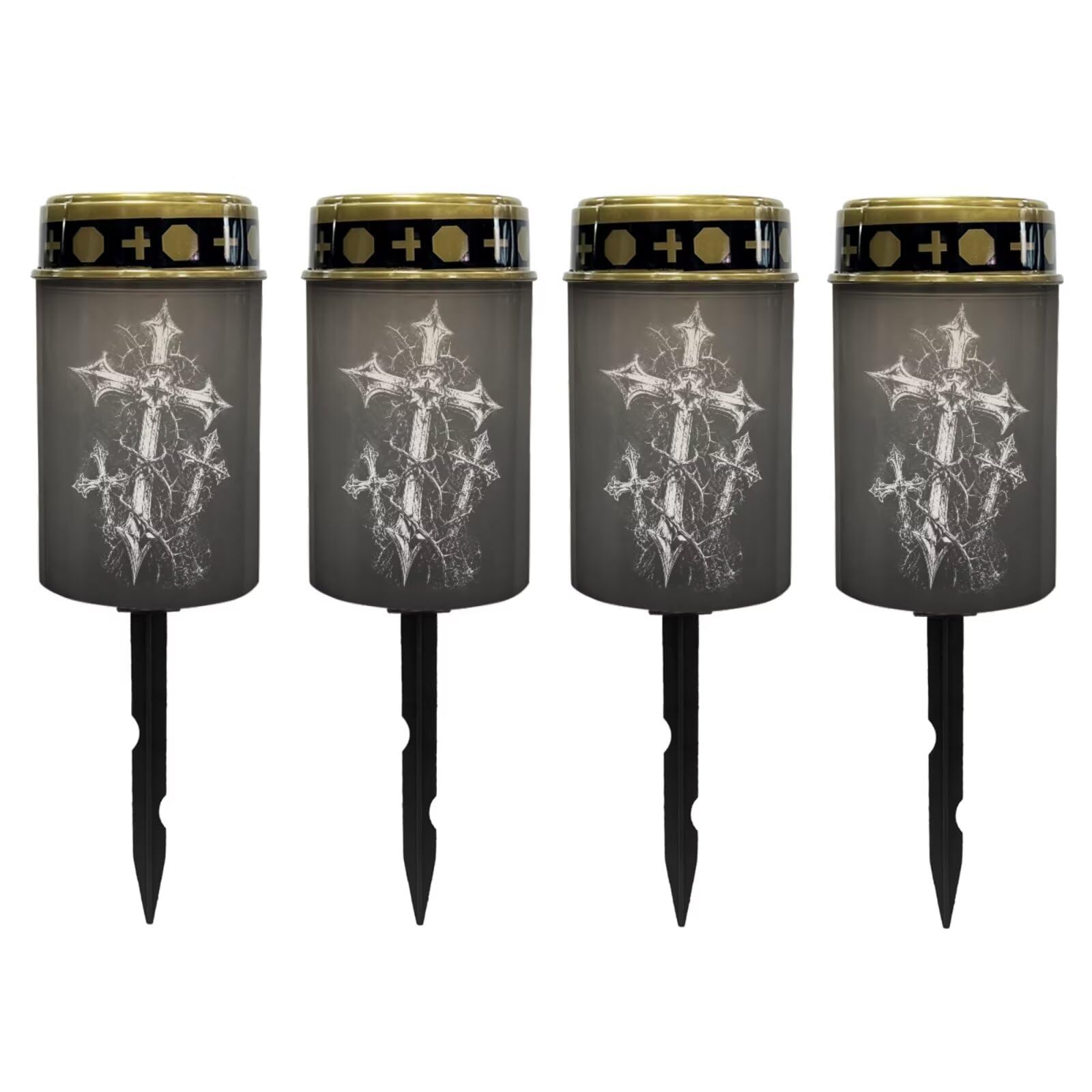 Poceacles Solar Powered Outdoor Lights Cemetery Solar Memorial Lights Outdoor Waterproof Landscape Candles for Yard Patio Lawn Home Decor, Cross Print Black, Set of 4