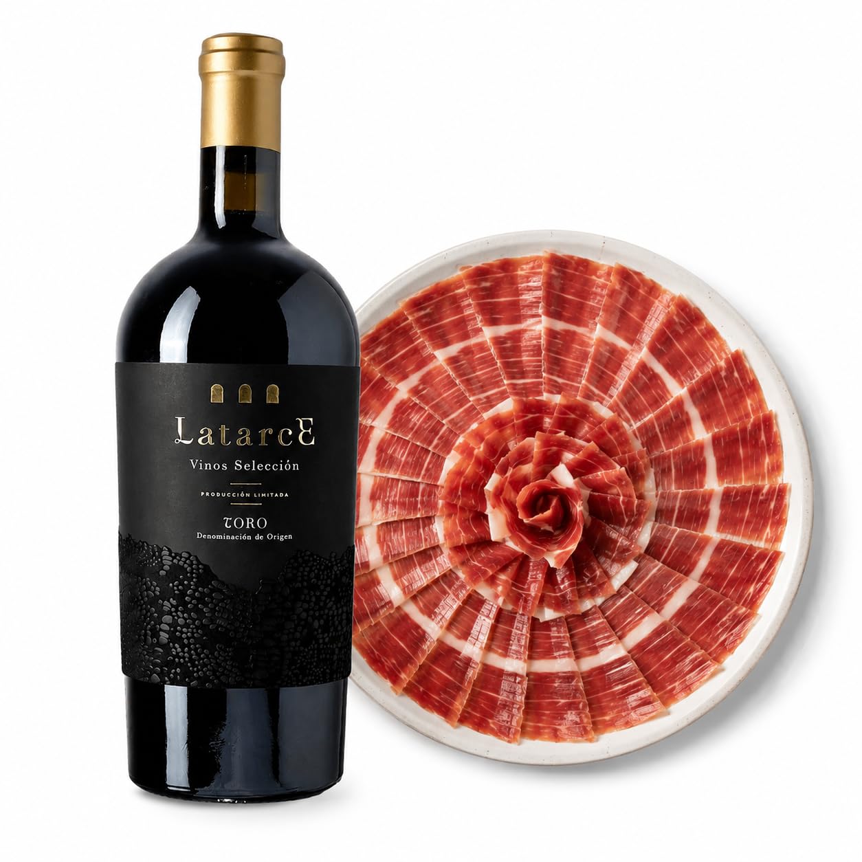 Latarce | Pack Regalo Gourmet Vino Tinto + Jamón Ibérico | Selección D.O. Toro 75cl + Ibérico Cebo Campo 50% 100gr | Caja Madera | Ideal para Regalar