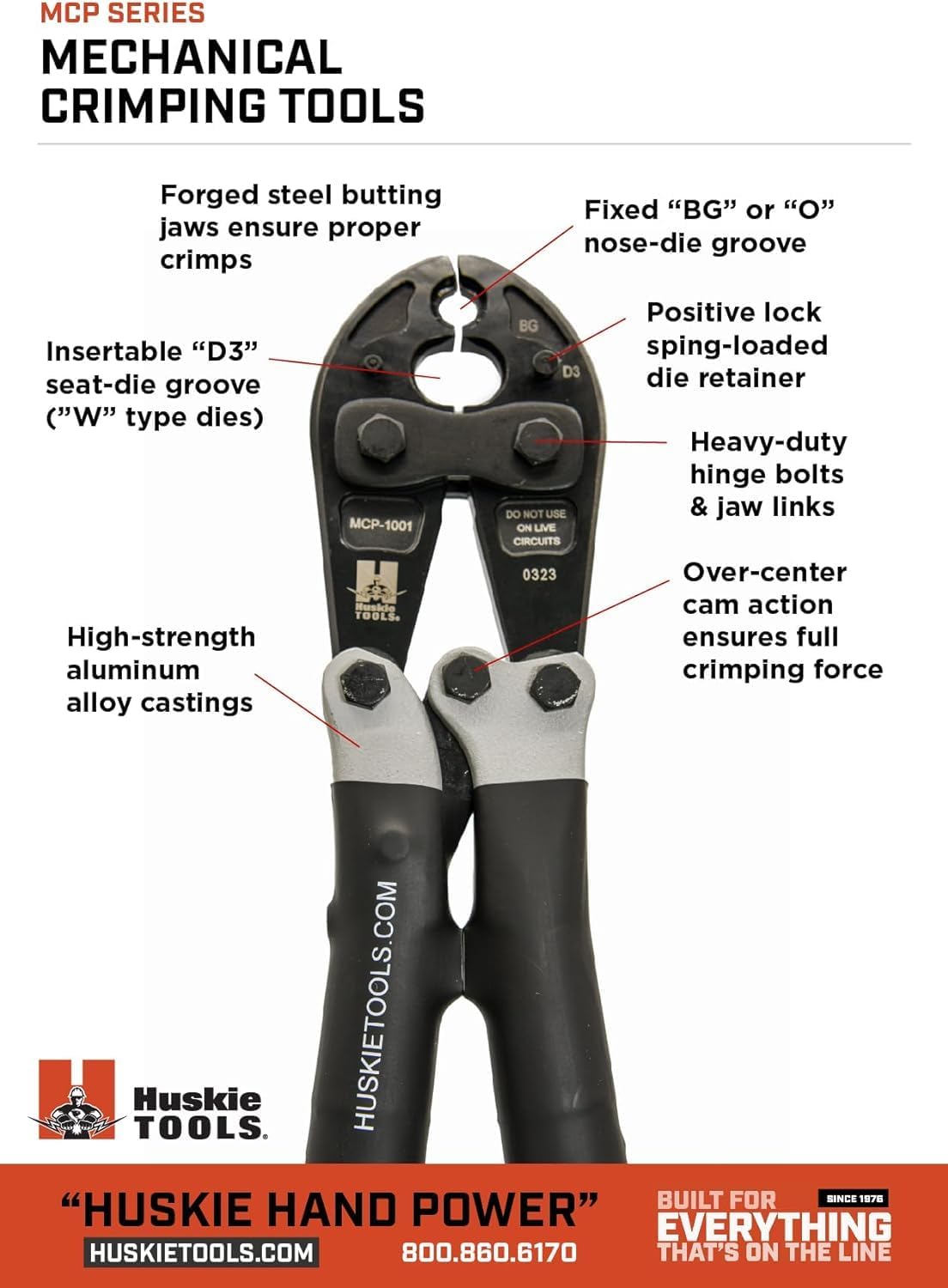Huskie Tools MCP-1001 4.5 Ton Manual "Pop" Crimping Tool with Fixed “BG” (5/8") Die Grooves and D3 Insert Grooves for “W” Type Dies