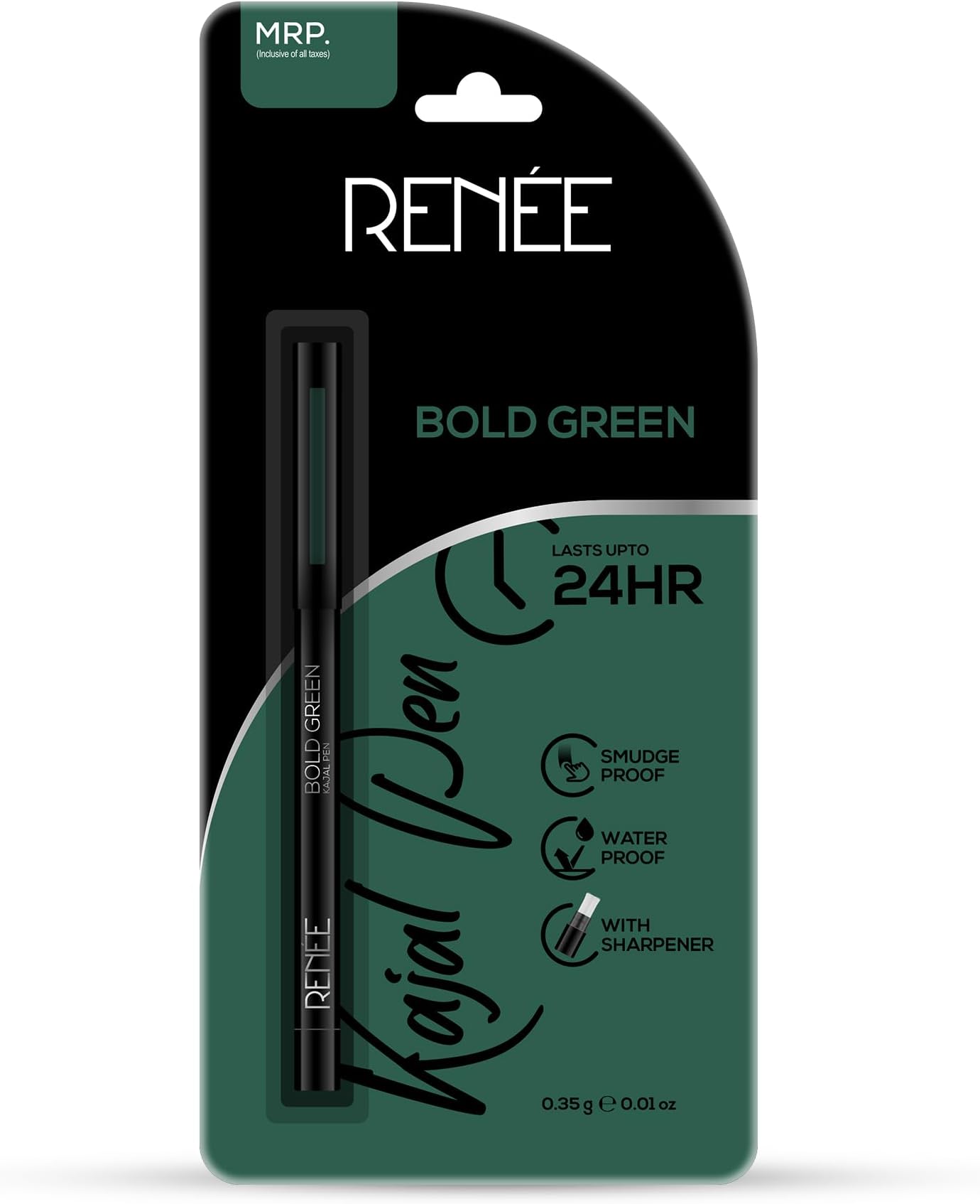 RENEE Kajal Pen with Sharpener - Bold Green 0.35gm 24 Hrs Stay Long Lasting Kohl Pencil, Matte Finish, Rich Color Payoff, Smudge & Water Proof with One Swipe Application Formula