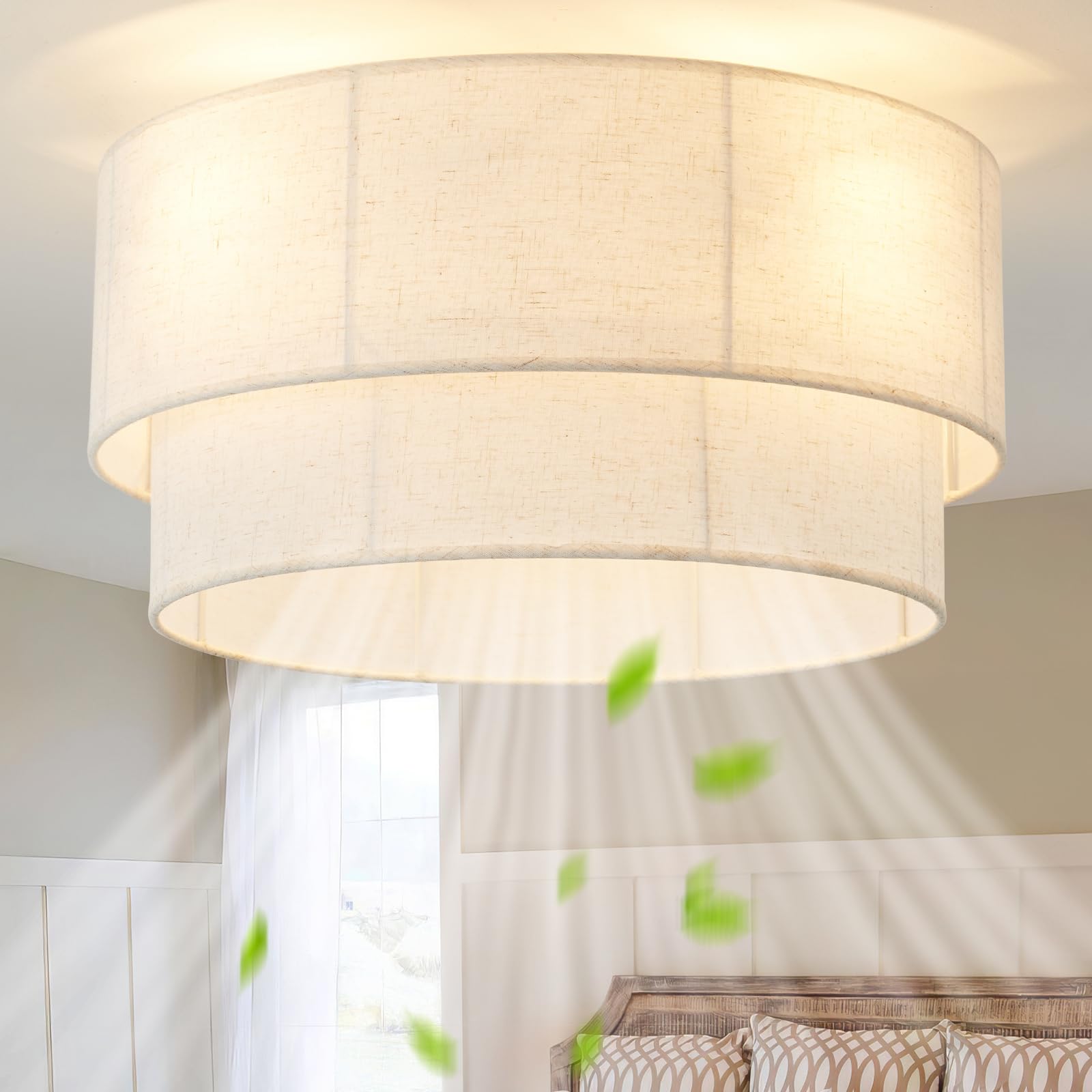 Ceiling Fan with Lights Flush Mount, 20" Low Profile Boho Ceiling Fan with Light Remote Control, Bladeless Rattan 6 Speeds for Bedroom, Living Room, Nursery