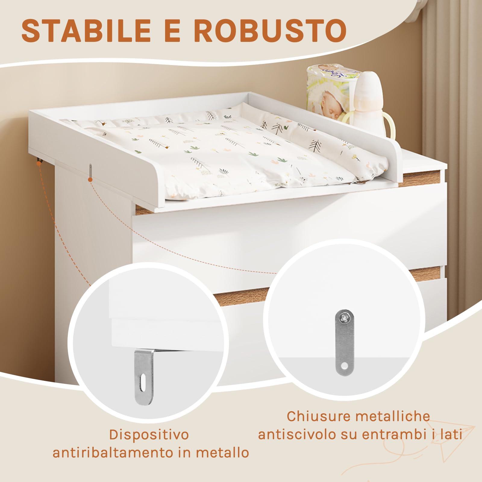 WOLTU Fasciatoio 60x80x10 cm MDF Bianco Piano Regolabile 46,5-50 cm