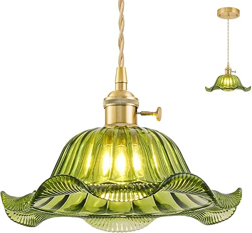 Miniatura 22 de Lámparas colgantes vintage para isla de cocina, lámparas colgantes de latón ajustables con pantalla de vidrio de lirio ámbar, iluminación colgante