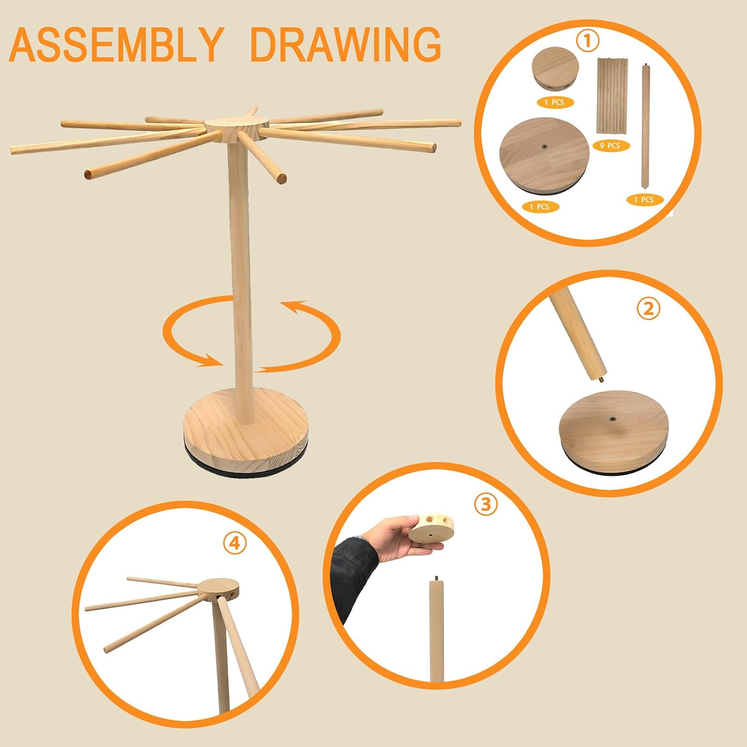 Pasta Drying Rack,Wooden Pasta Dryer Rotatable Collapsible Drying Rack with 9 Rods Quickly Assemble, Fresh Pasta Noodle Spaghetti Dryer Hanger Stand, Easy to Assemble and Store image 3
