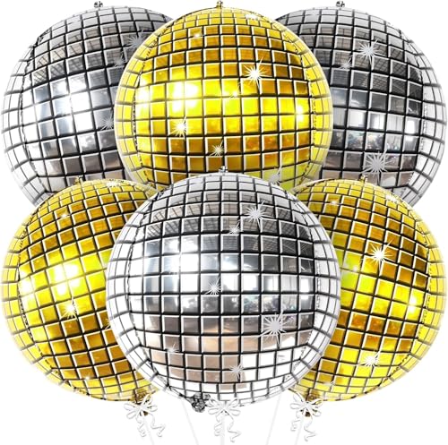 Image of 6 pcs 22Inch Disco Ball Ballons, 4D Large Foil Balloons for 70s Disco Dance Birthday Graduation New Year (Silver /Gold Disco Ball 6pcs)