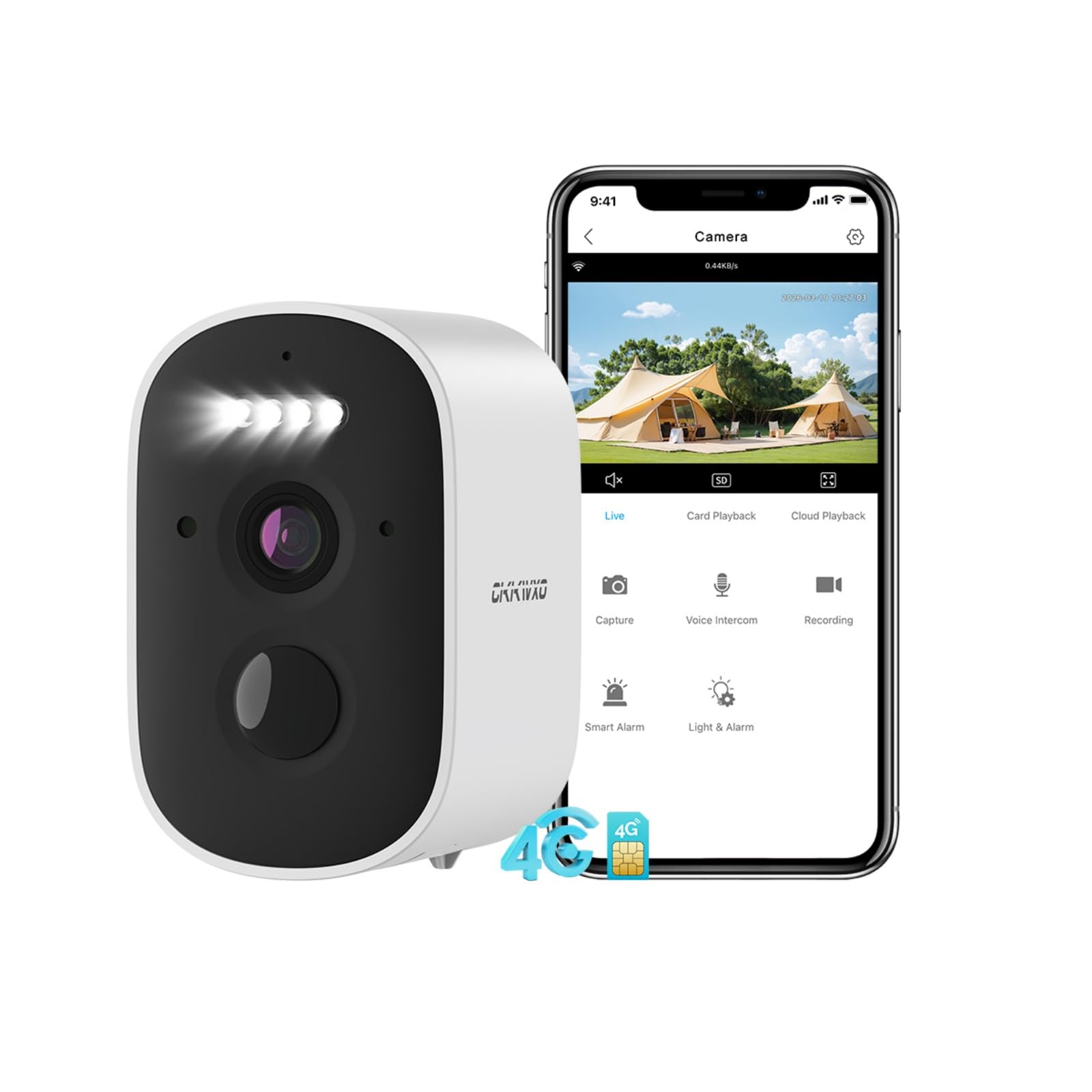 Cámara de Vigilancia 4G con SIM y Batería, 2.5K (5MP) sin WiFi, Cámara Exterior Sin Cables, con Detección de Movimiento, Audio Bidireccional, Alarma, IP65, Compatible con Alexa