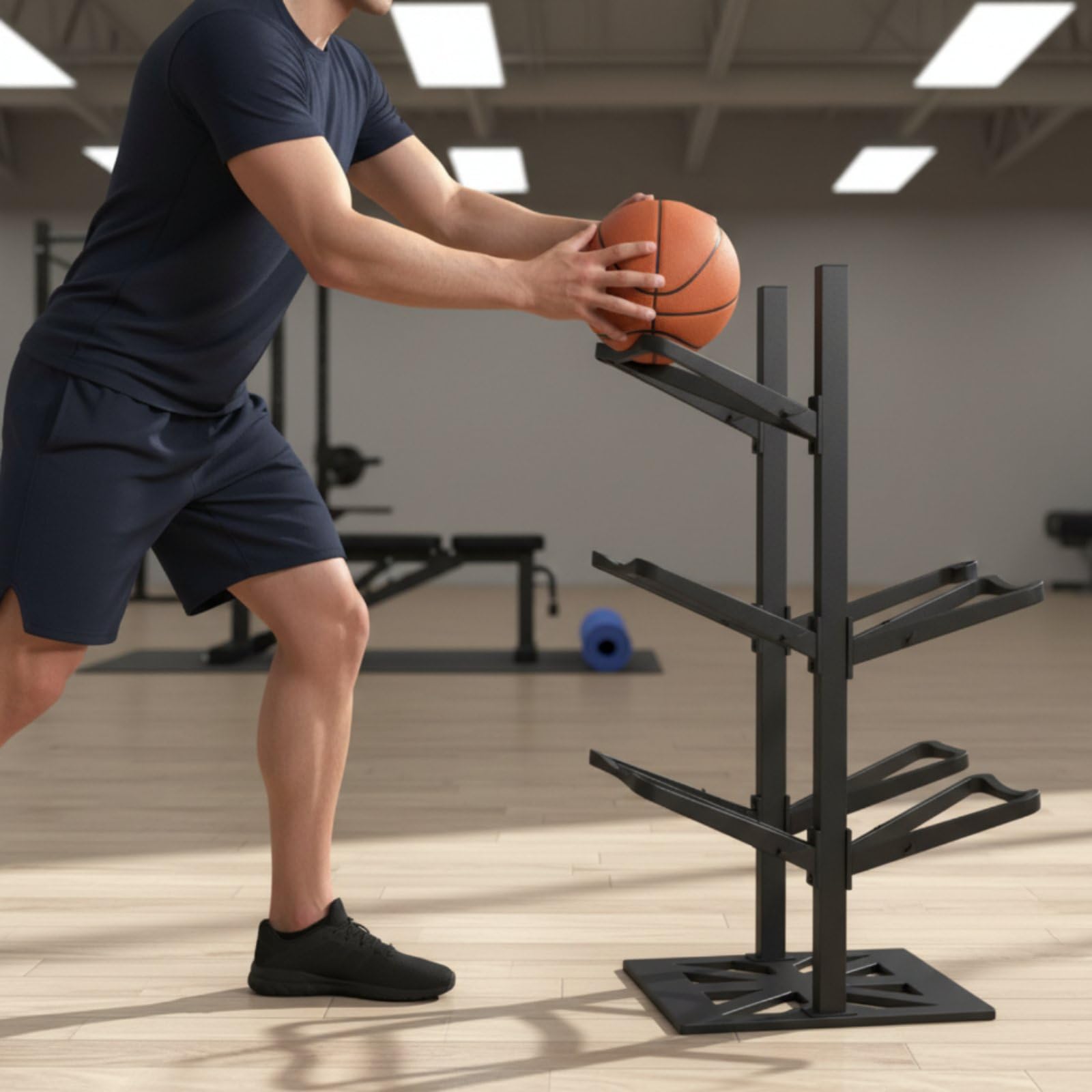 Estante de Balones Organizador Soporte de Pelotas Torre de Almacenamiento Carro de Balones Acero y Resistente con Base Estable y Ganchos Laterales Adecuado para Hogar Garaje Sala de Juegos
