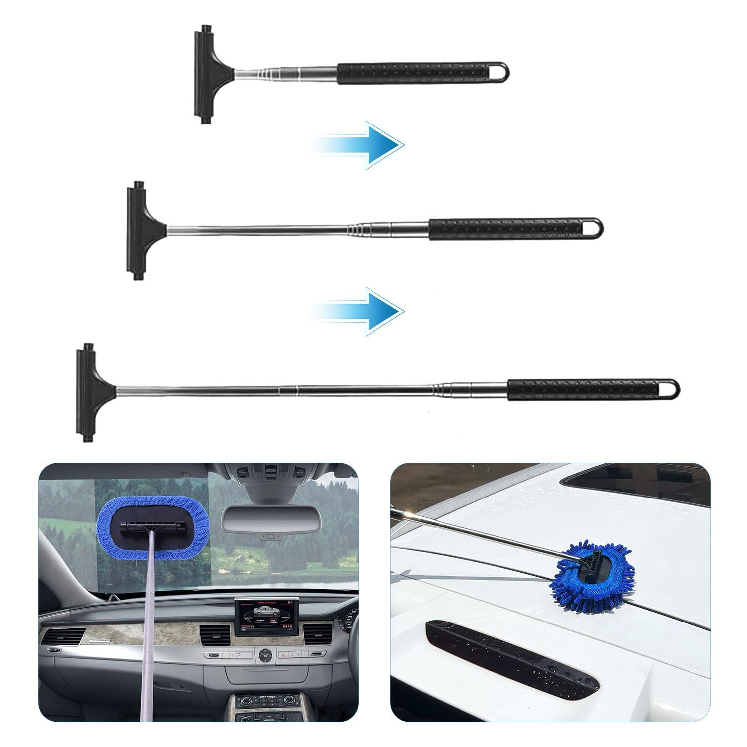 Cepillos Limpiacristales para Coches, Limpiaparabrisas Telescópico 3 En 1, RetráCtil hasta 106 cm, con Paño de Microfibra, Apto para Todo Tipo de Carrocerías, Espejos, Cristales (Azul)