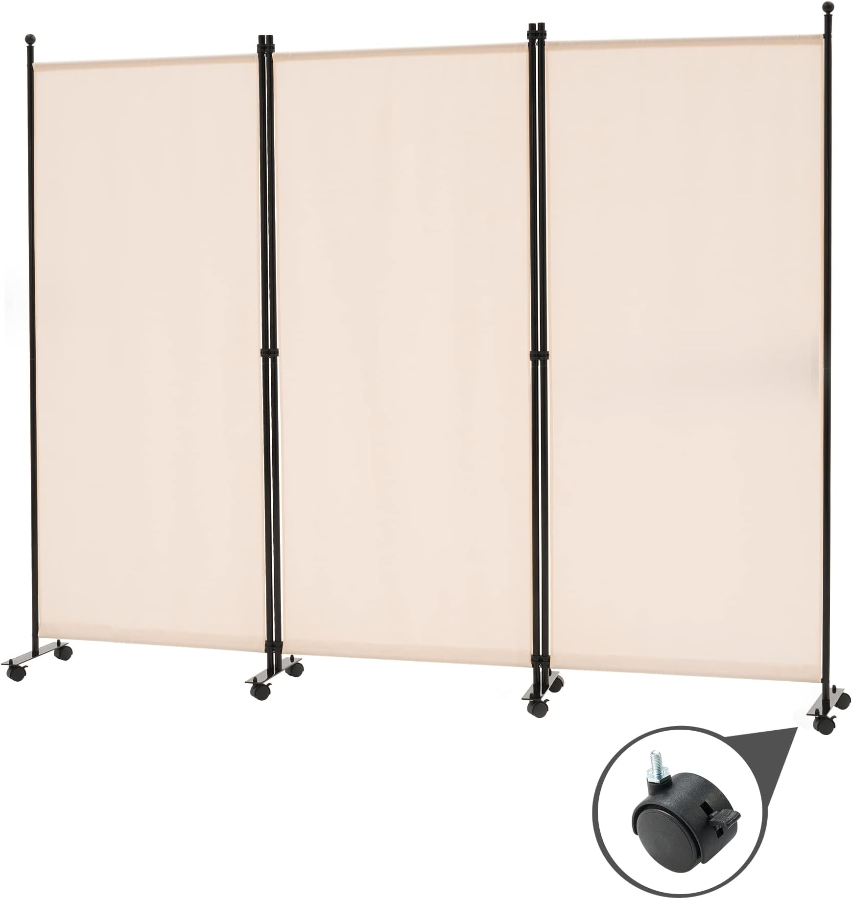 Spurgehom 3 Panel Rolling Room Divider, Folding Partition Privacy Screens, Freestanding Fabric Room Panel, Portable Folding Wall Divider for Office, Room, Restaurant, Hospital (Beige)