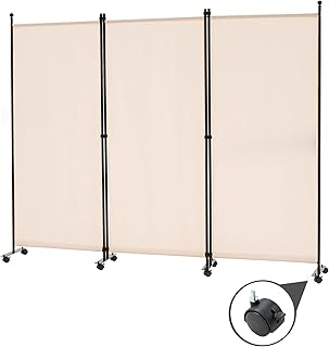 Spurgehom 3 Panel Rolling Room Divider, Folding Partition Privacy Screens, Freestanding Fabric Room Panel, Portable Folding Wall Divider for Office, Room, Restaurant, Hospital (Beige)