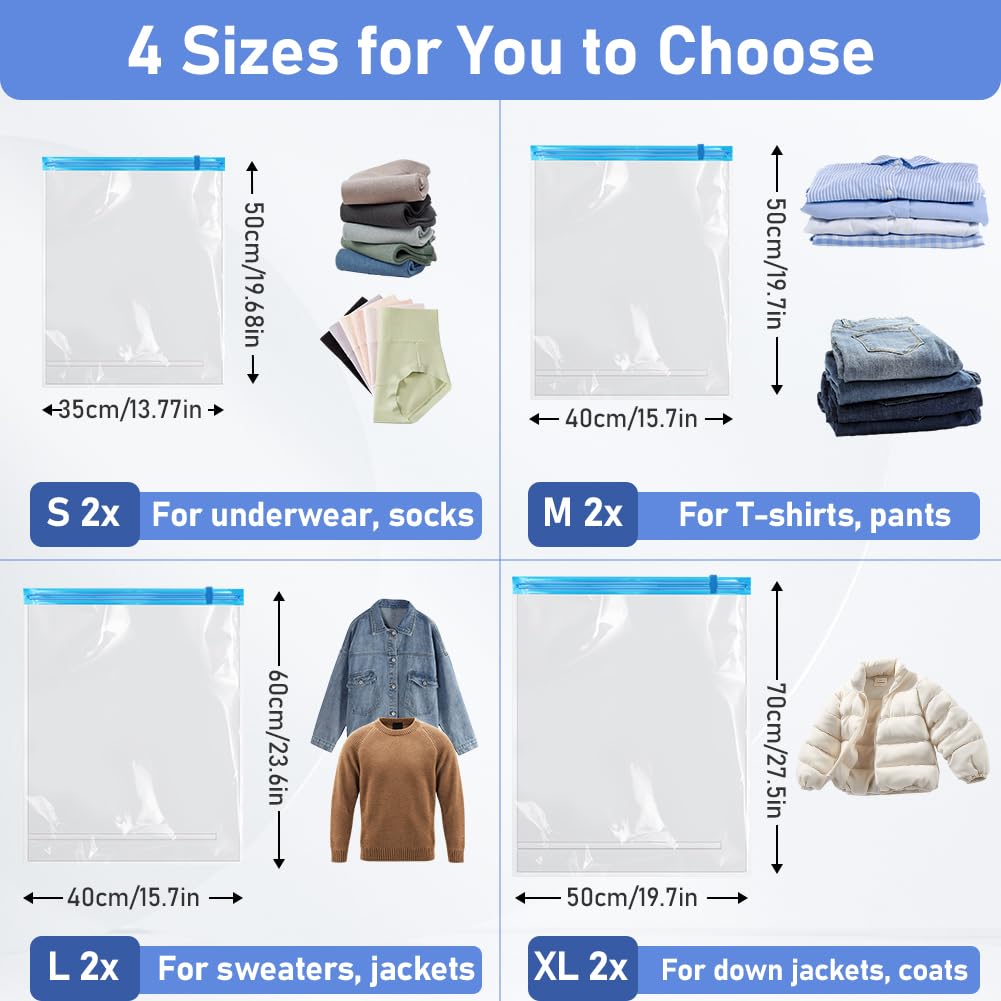 AOOWU Vacuum Storage Bags, 8 Pack (2 S, 2 M, 2 L, 2 XL) Reusable Vacuum Travel Storage Bag, Space Saver Sealer Bags - Image 2