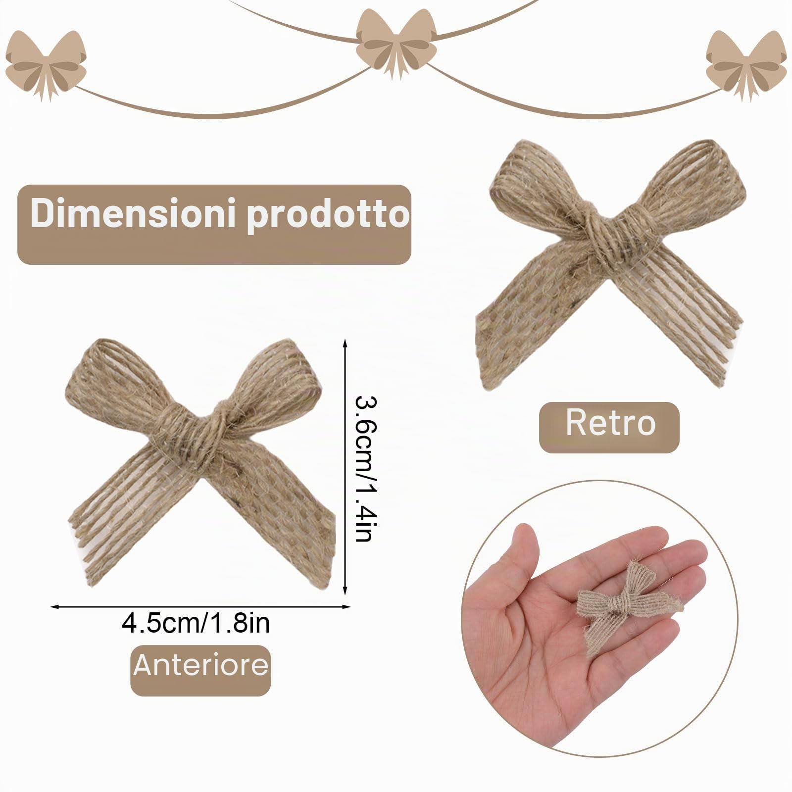 WANDIC Fiocchi Decorativi in Iuta, 100 Pezzi, in Lino Naturale, Pre-confezionati, Mini Fiocchi per bomboniere, Decorazioni, Confezioni Regalo, Fai da Te