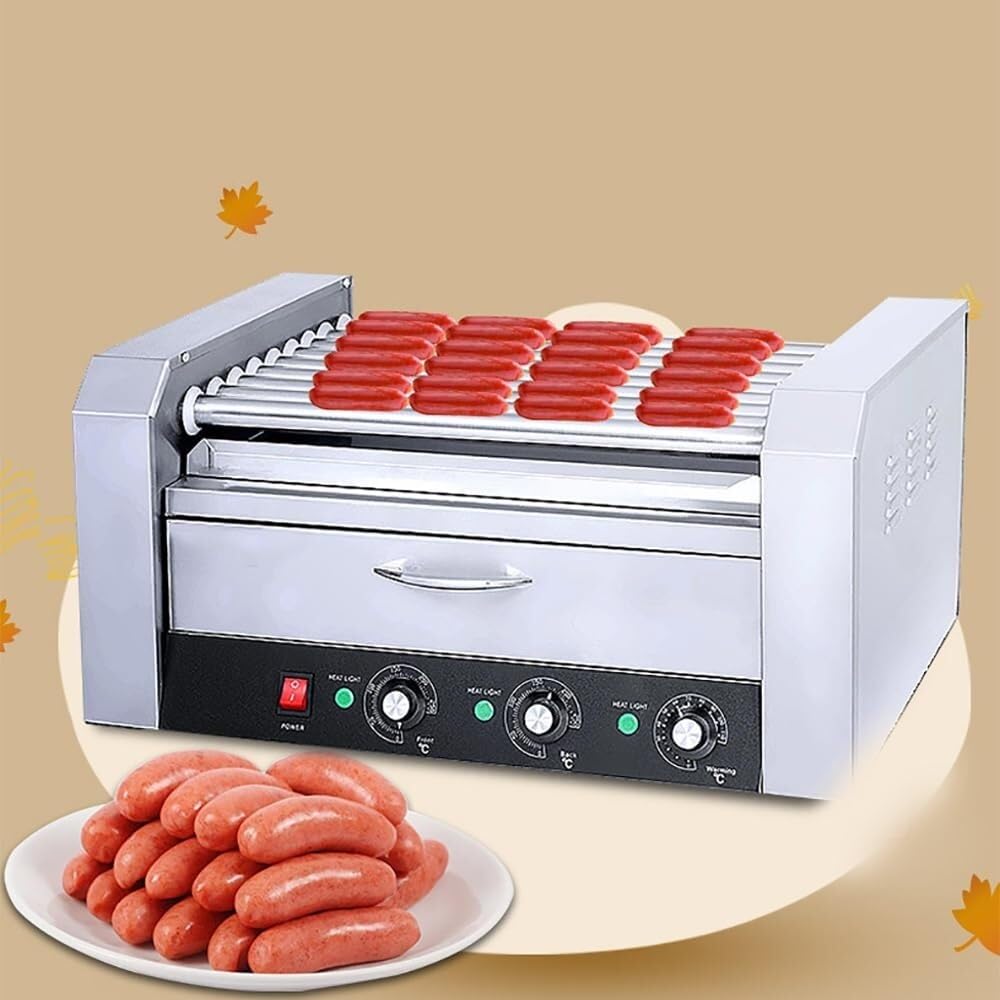 Hot Dog Roller Maker con 9 rodillos y cajón de calentamiento de pan, perfecto para fiestas, cabinas y camiones de comida