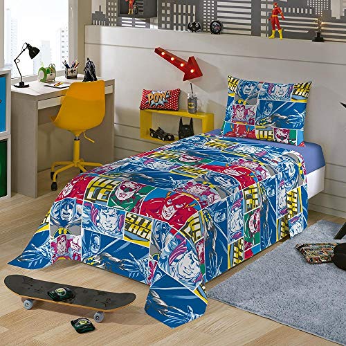 Jogo de Cama Lepper Liga da Justiça Azul 1.40 mx2.20 m Pacote de 3 Algodão Tradicional