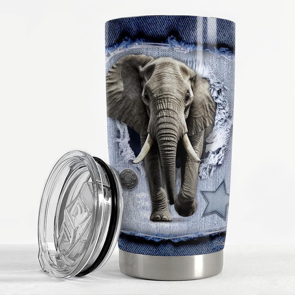 SANDJEST Elephant Tumbler 20oz Stainless Steel Insulated Tumblers Coffee Travel Mug Cup Jeans Drawing Style Elephants Gifts for Women Men Gift for Birthday Christmas - Image 3