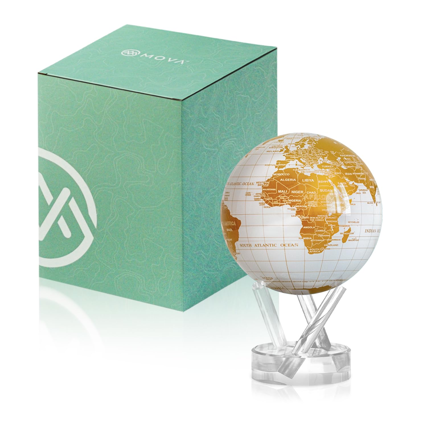 MOVA Globe White and Gold 4.5" with Base, Solar Powered Rotating Globe No Need of Battery or Chord, Unique Gift and Decoration