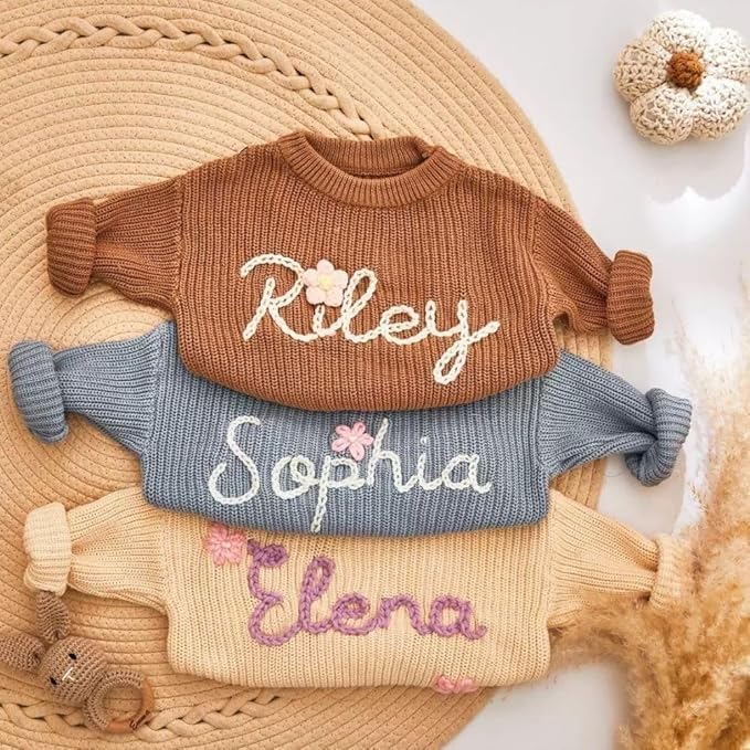 Personalized Embroidered Knit Sweater for Adults and Kids, Custom Name Hand Embroidery Pullover, Matching Family Toddler Jumper, Unique Birthday, Soft Cable Knit Top Pink