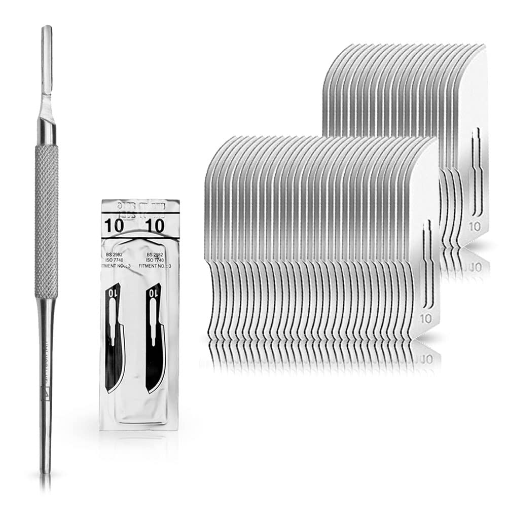 Set - 50 piezas hojas de bisturí No. 10 y mango de bisturí No. 3 - Hojas de repuesto para bisturí hechas de acero al carbono - Estéril