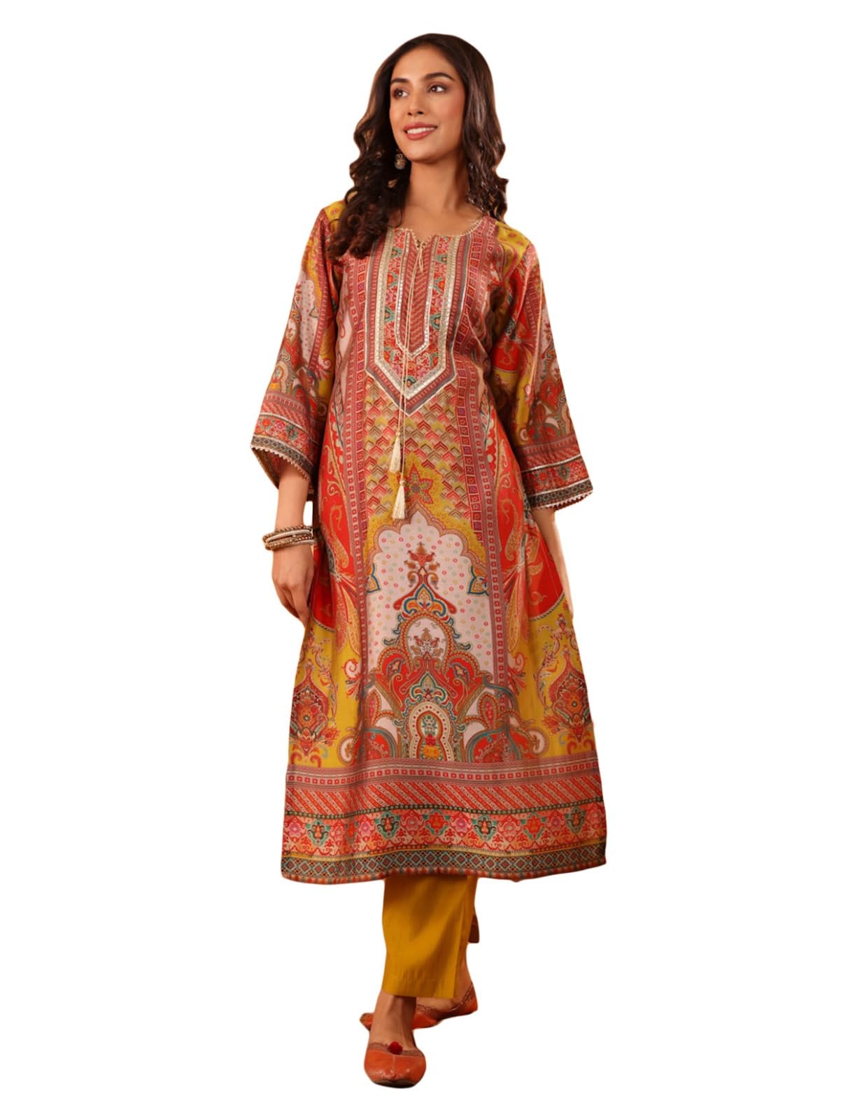 Varanga Women Olive Ethnic Floral Printed Gota Embellished Flared Sleeve Kurta With Solid Trouser  Stylish Ethnic Set