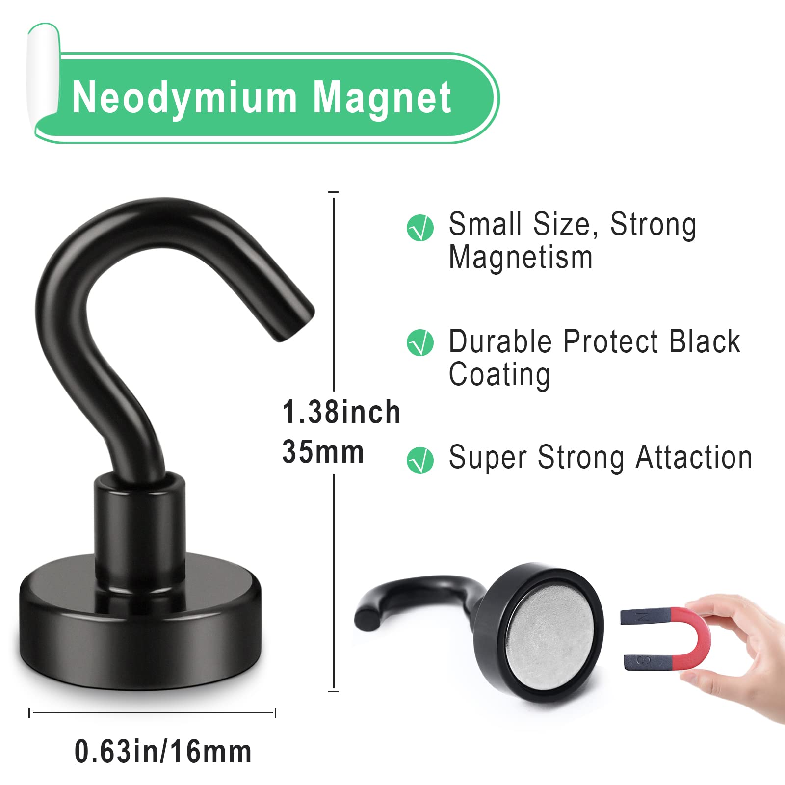 MIKEDE Black Neodymium Magnetic Hooks, 12 Pack, 22Lbs Heavy Duty, Refrigerator, Living Room, Workshop, Iron/Steel Surfaces — Amazon image 6