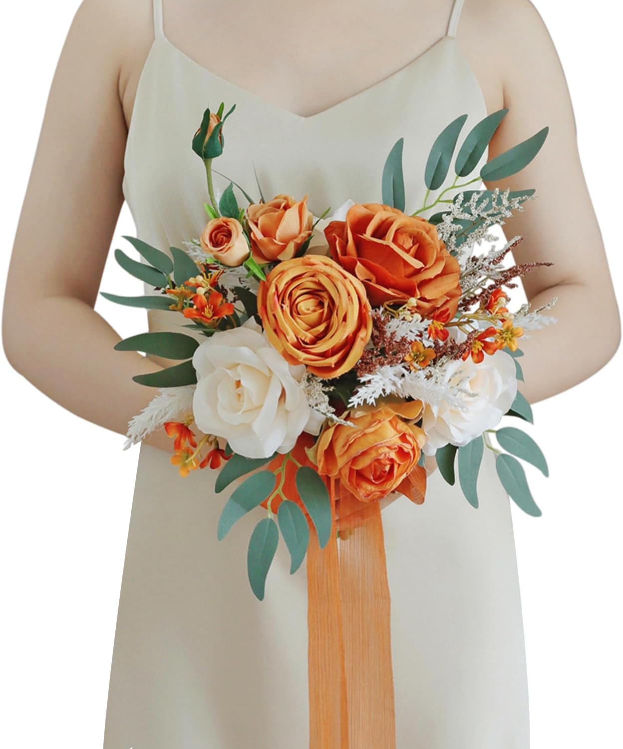 4PCS Terracotta Wedding Bouquets for Bride Bridesmaid, Burnt Orange Bridal Bouquet 8.7Inch Artificial Roses Flowers Wedding Decoration