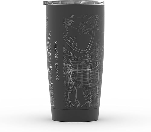 Vista 95 de Well Told Vaso de café aislado con diseño de mapa de Nueva York grabado, taza de acero inoxidable grabada (20 onzas, negro) con aislamiento de mapa