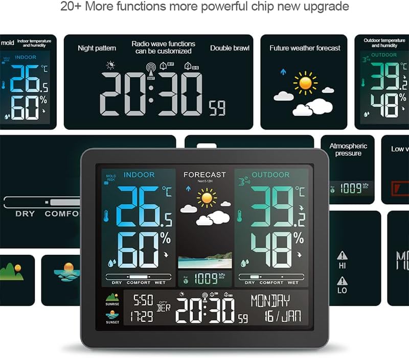 Weather Thermometer,Multifunction Station Alarm Clock Color Sn Sunrise and Sunset Thermometer Hygrometer with Wireless Outdoor Sensor,with 2 Black Sensor-1