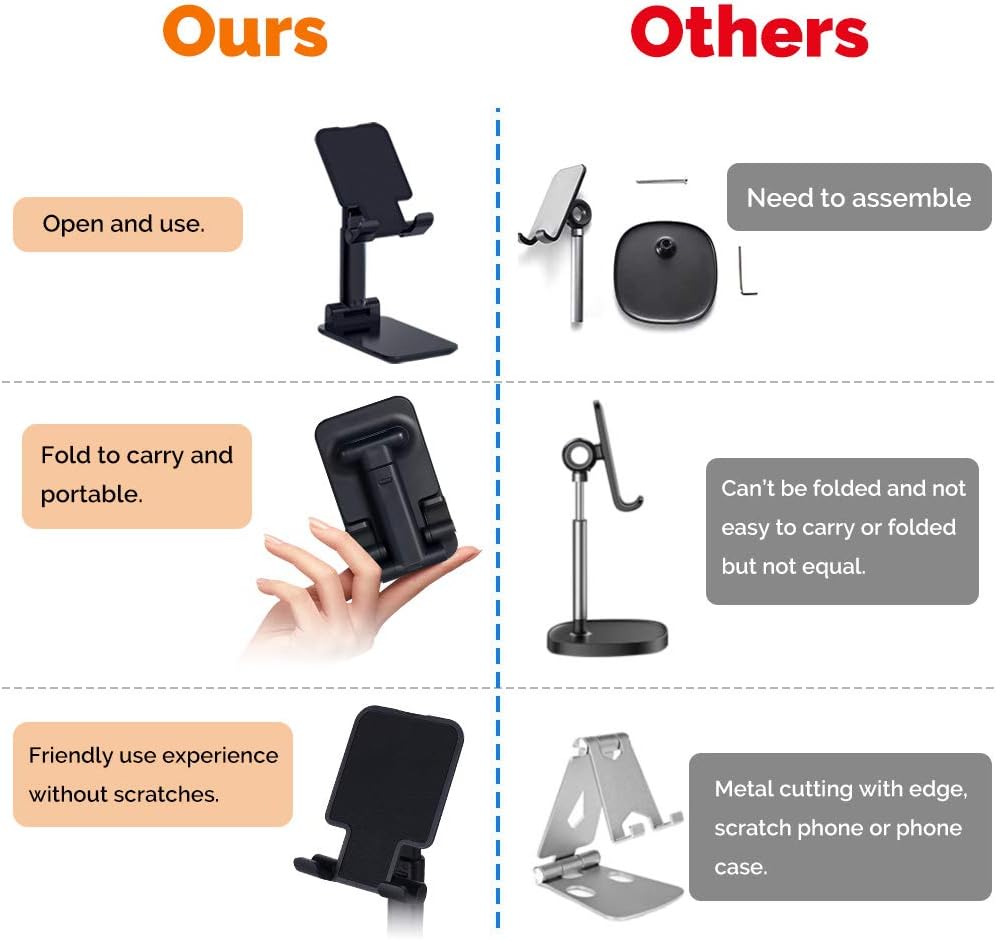 Cell Phone Stand for Desk: Angle & Height Adjustable Cell Phone Stand: Foldable Cell Phone Holder, Cradle, Dock, Tablet Stand, Compatible with iPhone 12 11 pro max XS XR /iPad/Kindle/Android(Black)