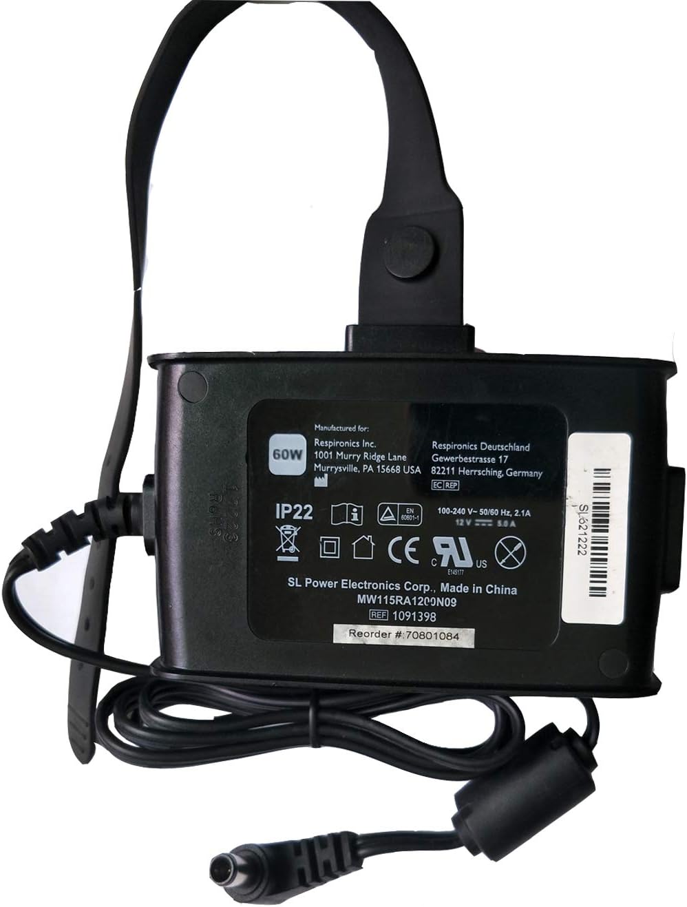 OEM Respironics 60W UL Testing Certification 12V AC/DC Adapter Compatible with Philips Respironics Dorma 500 Auto CPAP 12VDC 5.0A 12.0V 5Amp 5 A 1091398 60 Watt Power Supply Cord Cable Charger