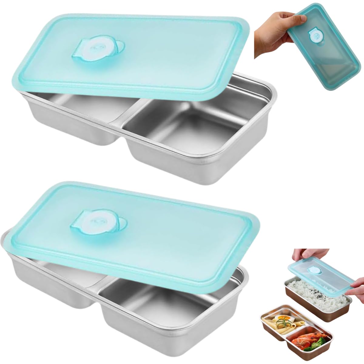 2pcs Snack Containers Reusable, Stainless Steel Double Compartment Container, Leakproof & Airtight Food Storage Containers, Double Condiment
