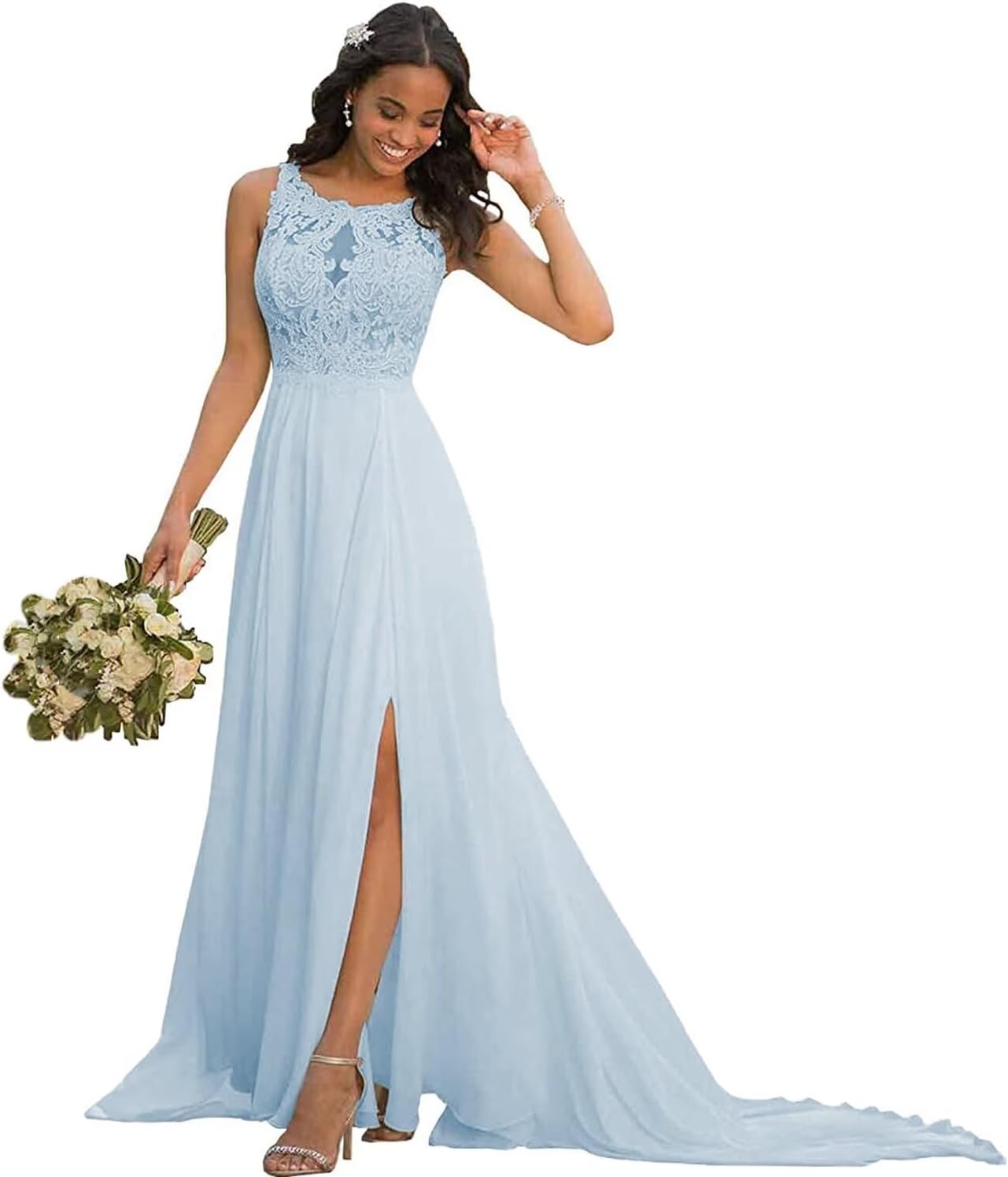 Youjiayi Elegant Chiffon Lace Wedding Dresses for Bride A Line Beach Bridal Gown with Train Long Side Split Wedding Gowns