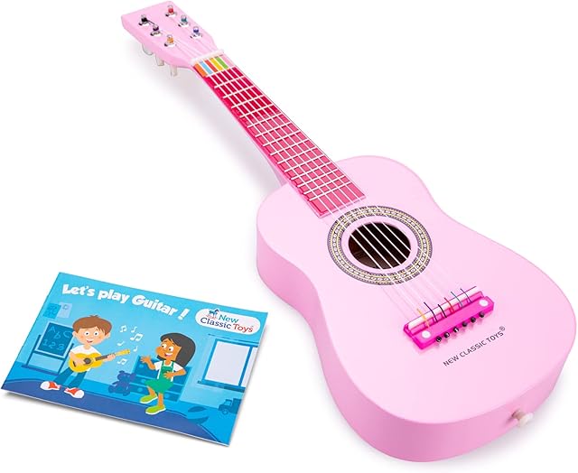 New Classic Toys 10345 Drewniana zabawka gitarowa dla małych dzieci, 3 chłopców i dziewcząt, prezenty dla dzieci, instrumenty muzyczne dla dzieci, trzyletnia, muzyczna muzyka, czerwony, 10349, różowy