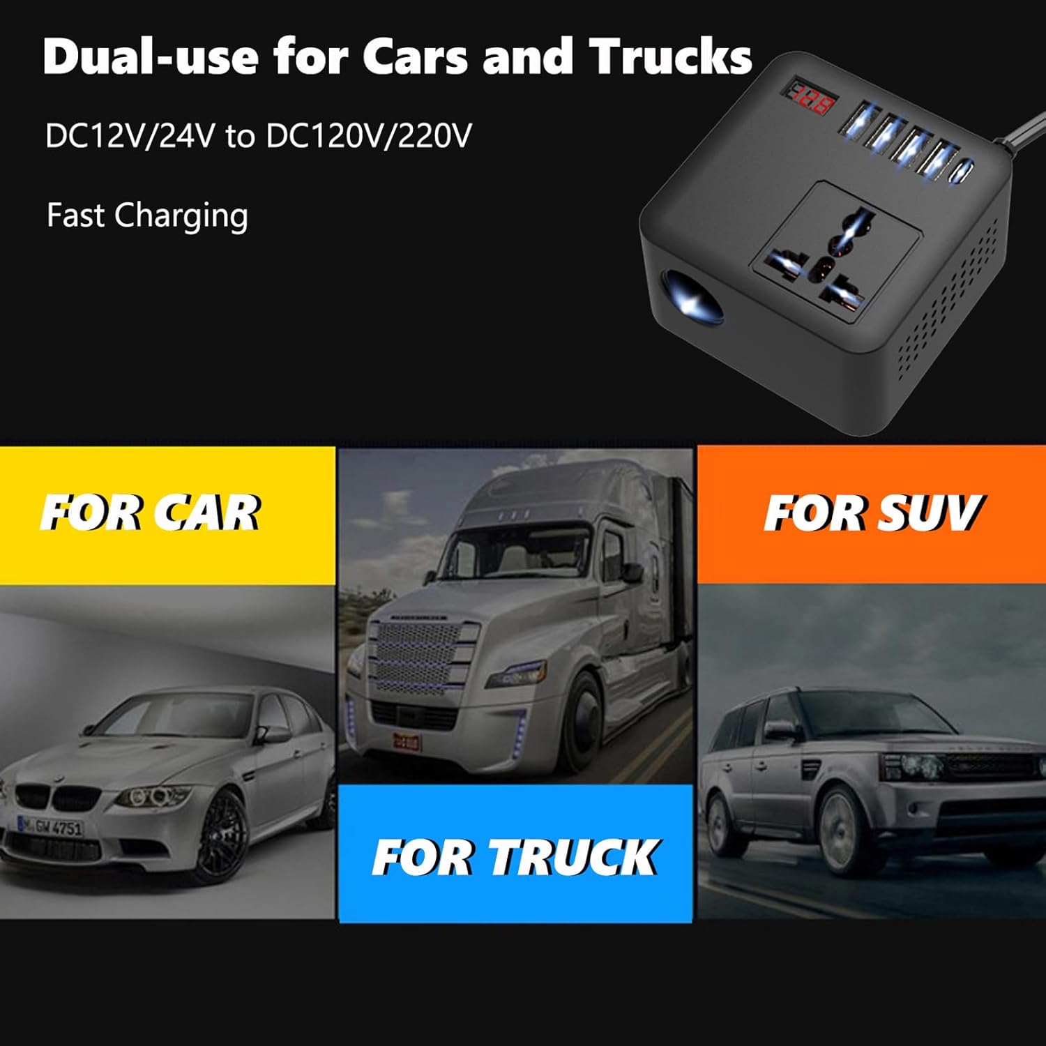 150W Vehicle Power Inverter DC 12V/24V to AC 120V/220V Auto Power Adapter with 4 USB Ports and 1 Type‑C Port Car Charger and Dual AC Sockets Car Power Converter