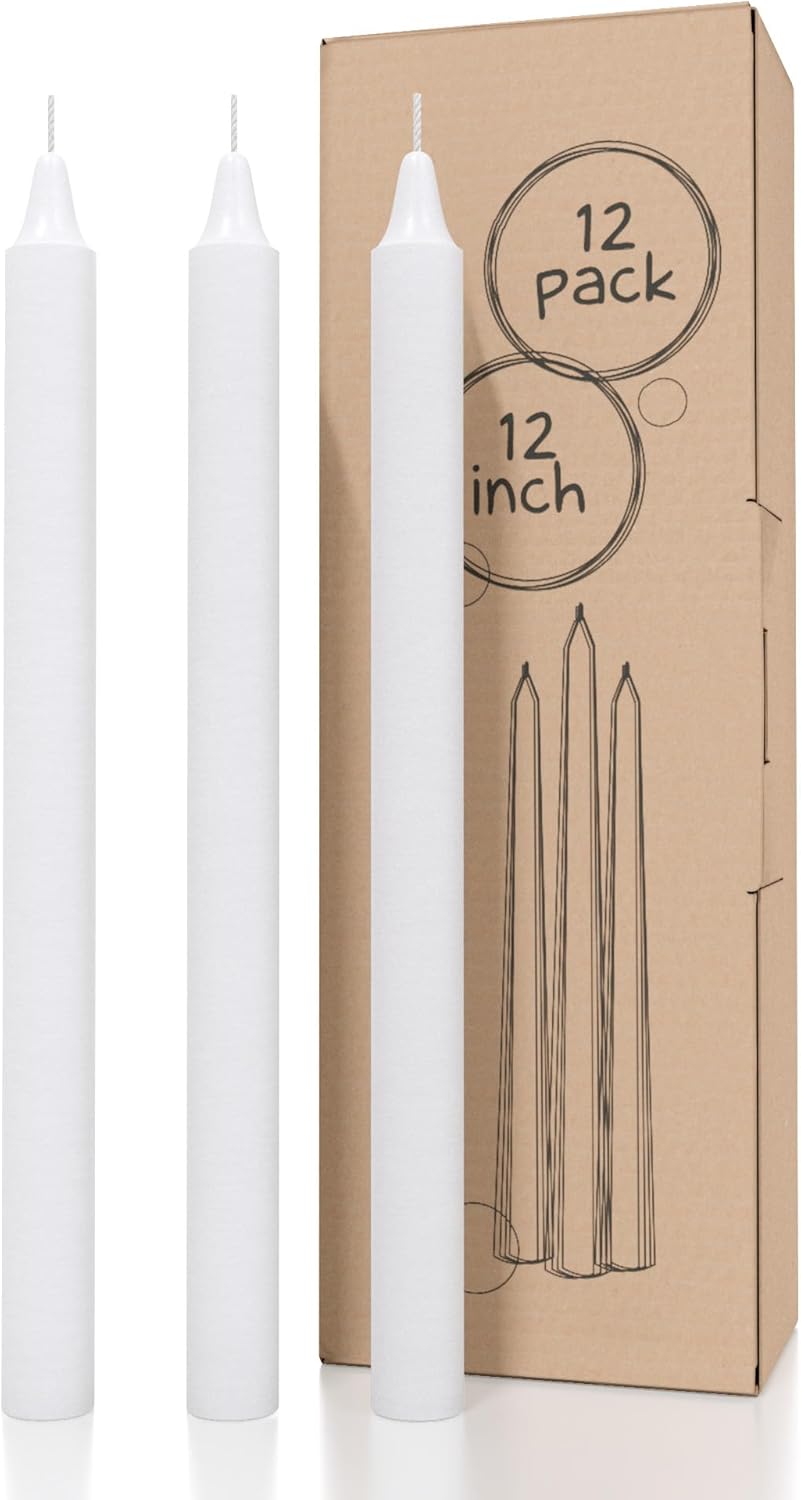 CANDWAX White Taper Candles Pack of 12 - Straight Candles 12 inch Ideal as Unscented Candles, Dinner Candles and Table Candles - Slow Burning Candles Dripless - Smokeless Long Candlesticks